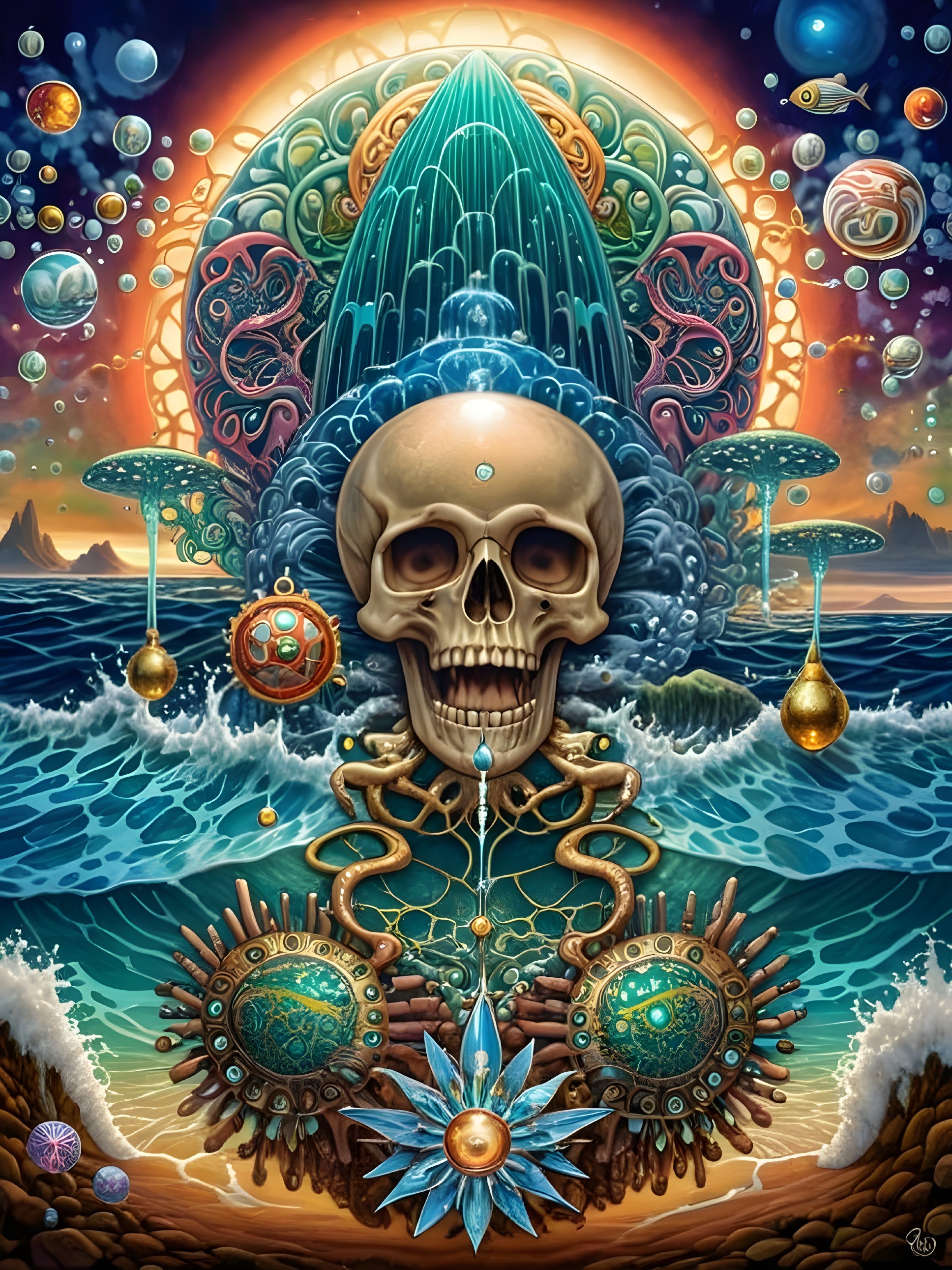 Surreal Skull Composition with Oceanic and Cosmic Themes