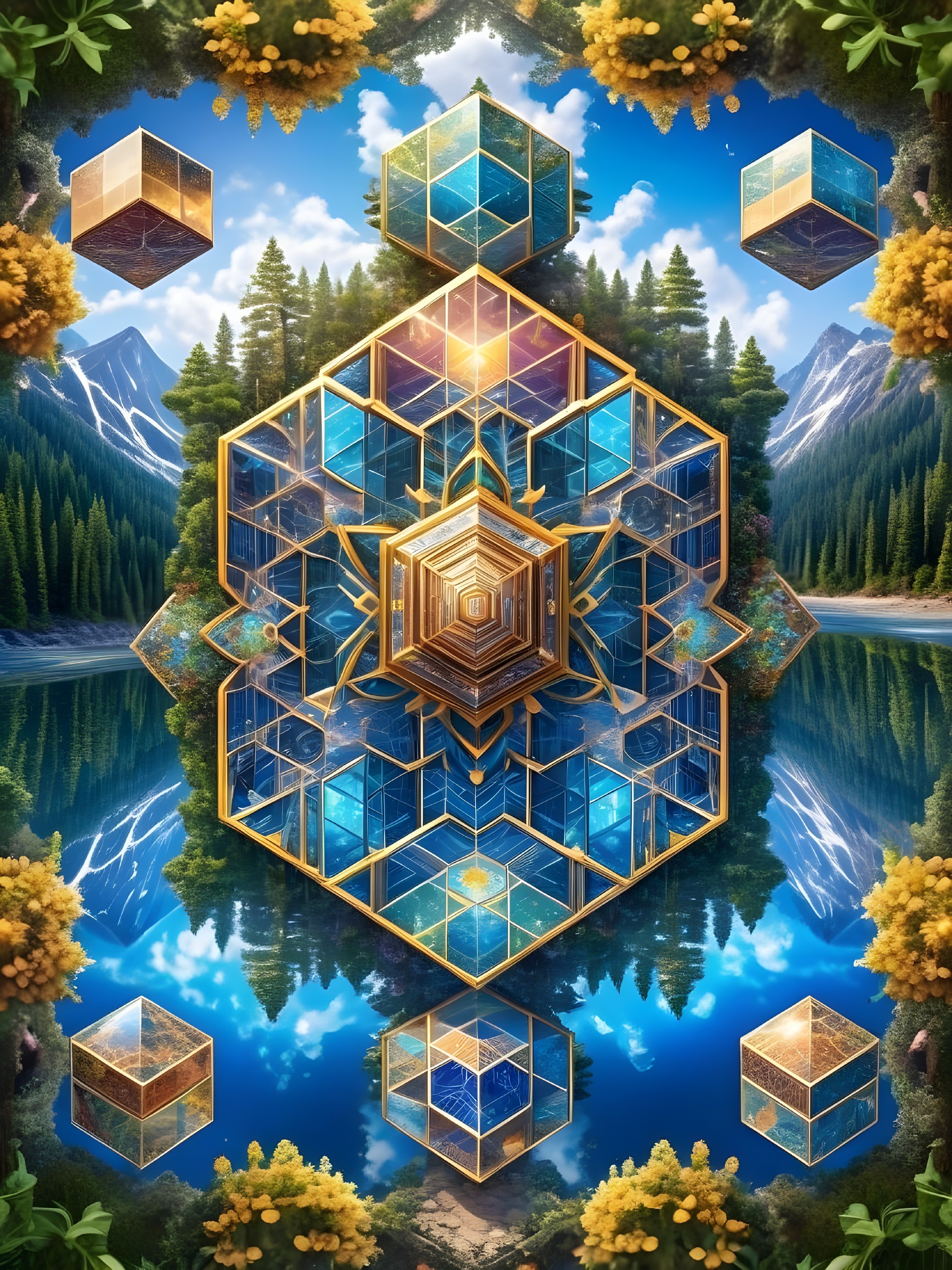 Geometric Composition with Hexagon and Natural Landscape