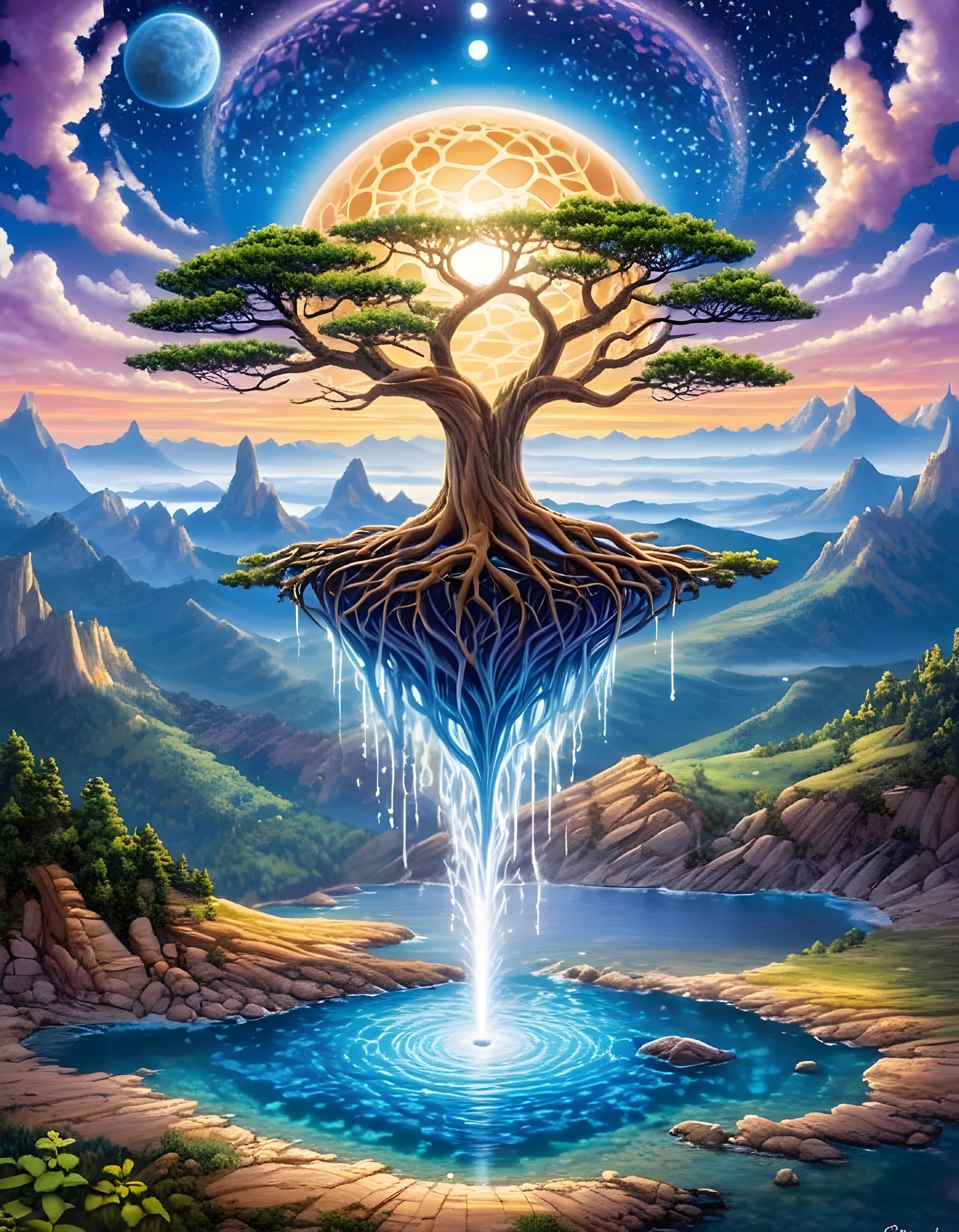 Enchanted Landscape with Floating Tree and Lake
