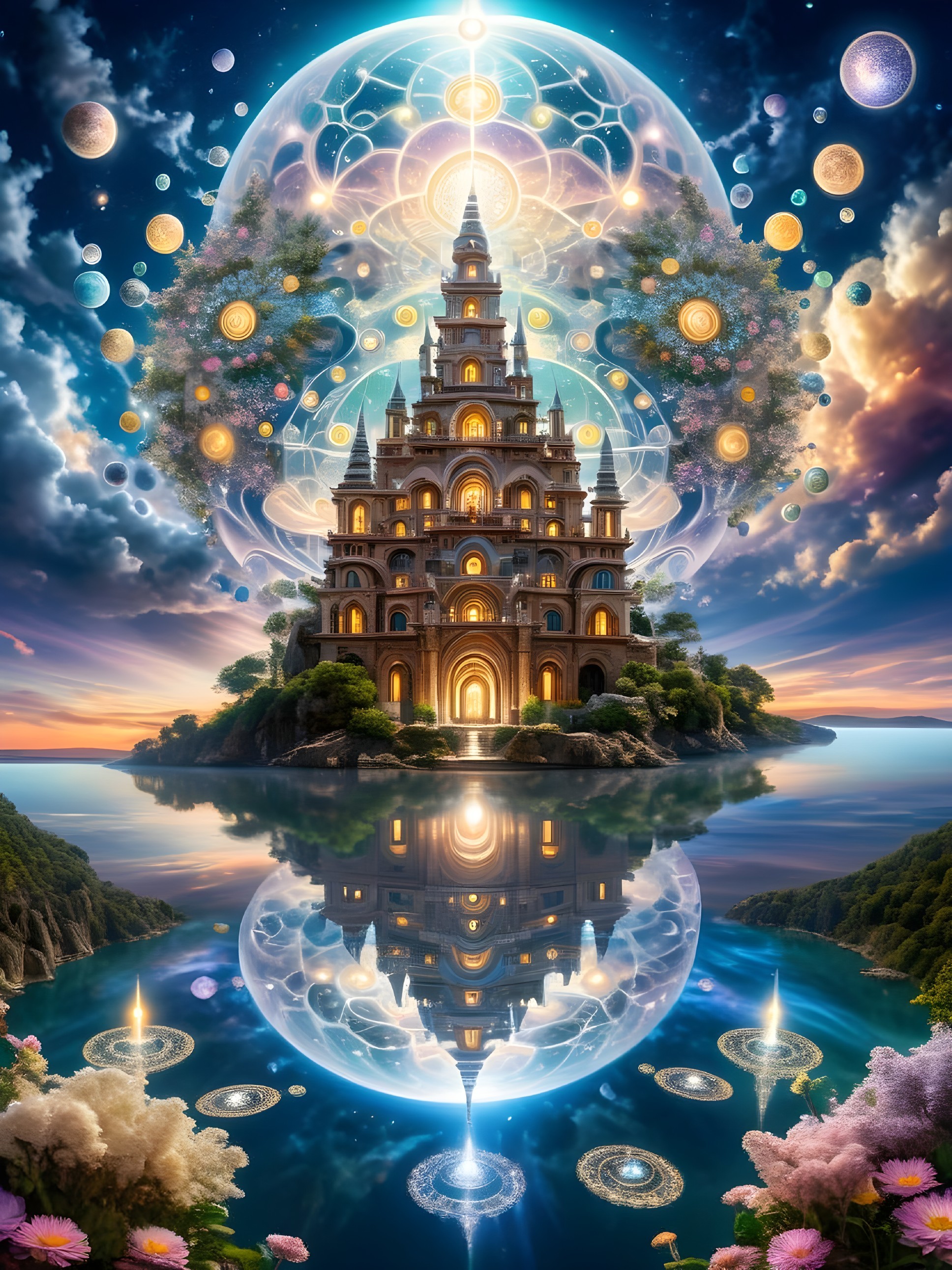 Ethereal Castle Surrounded by Lake and Nature Elements