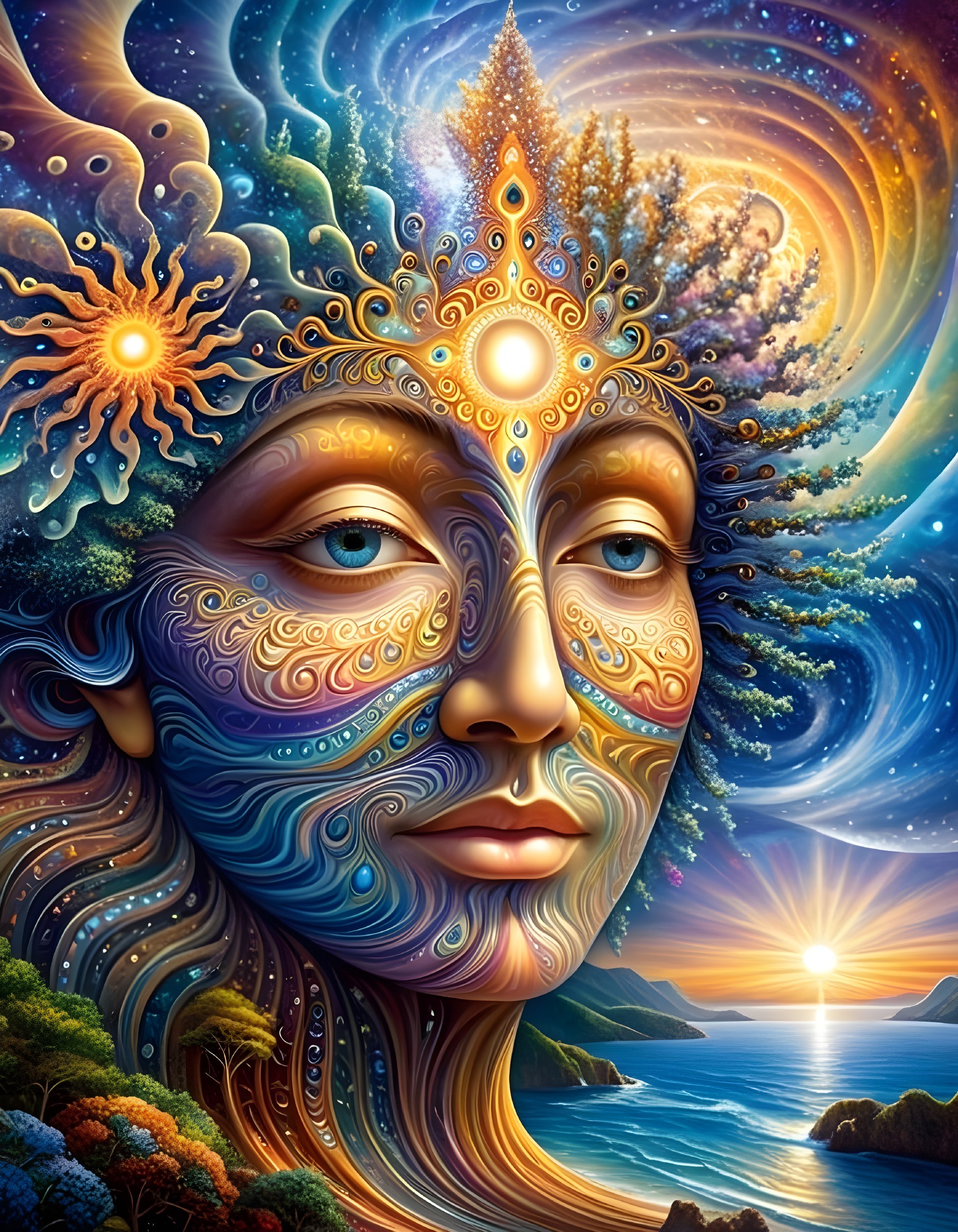 Surreal Portrait of a Female Face with Cosmic Elements