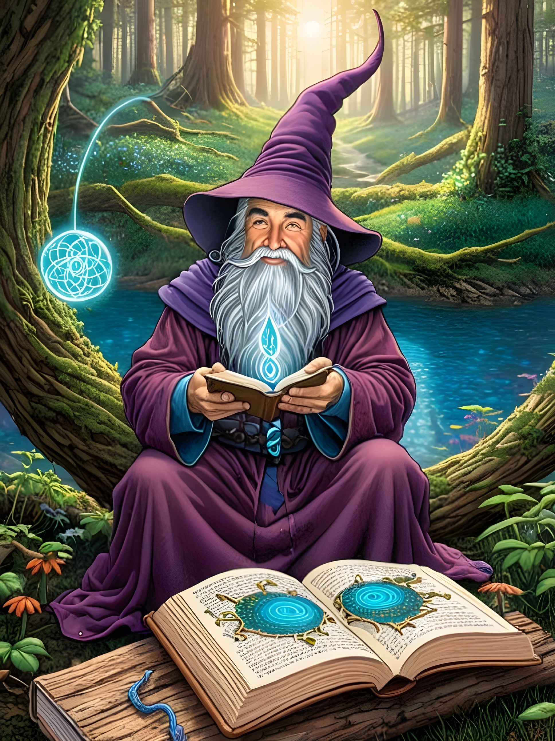 Elderly wizard by tranquil pond with glowing book