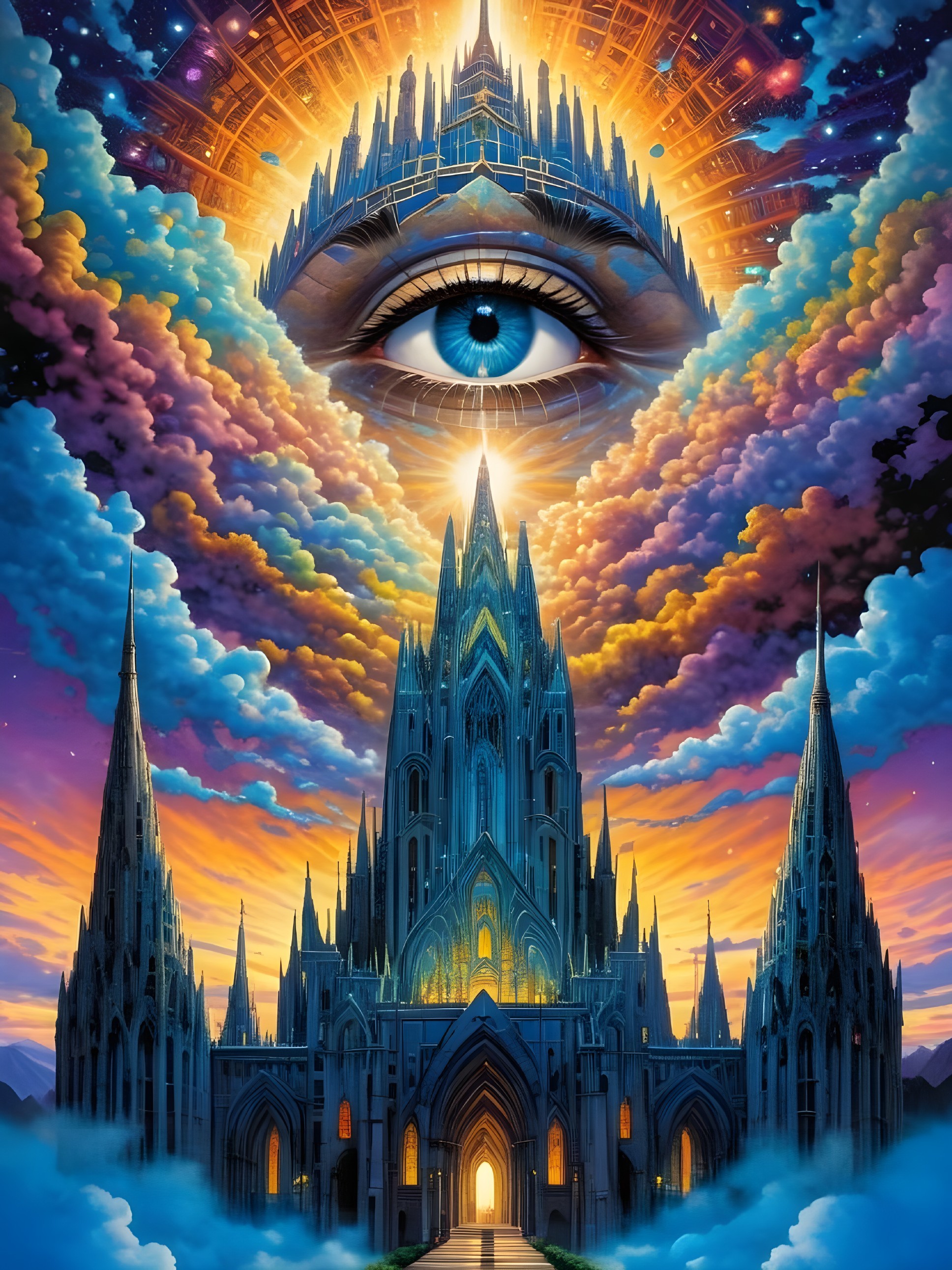 Gothic castle floating among clouds with a giant eye