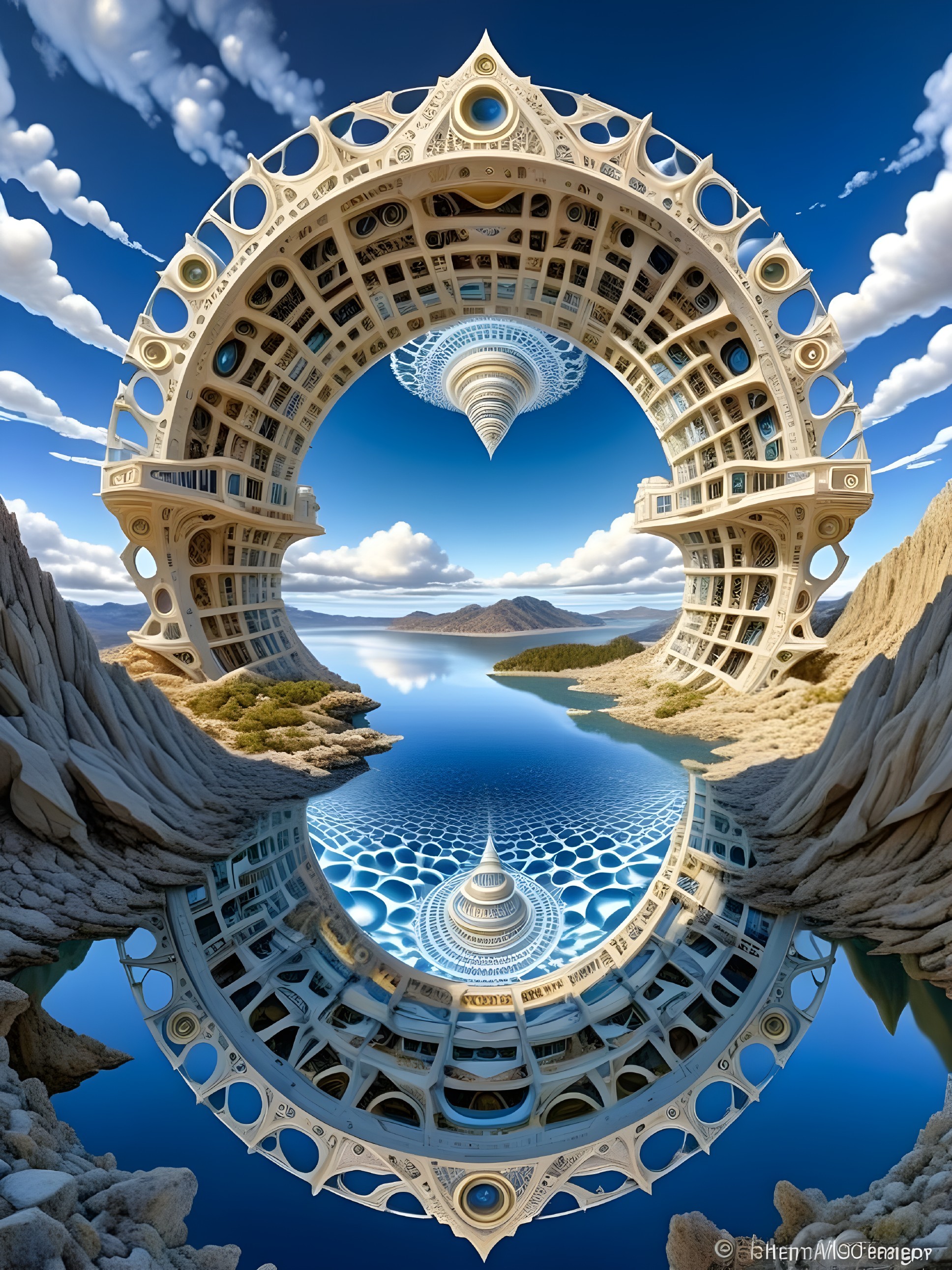 Surreal Landscape with Ornate Archway and Reflection