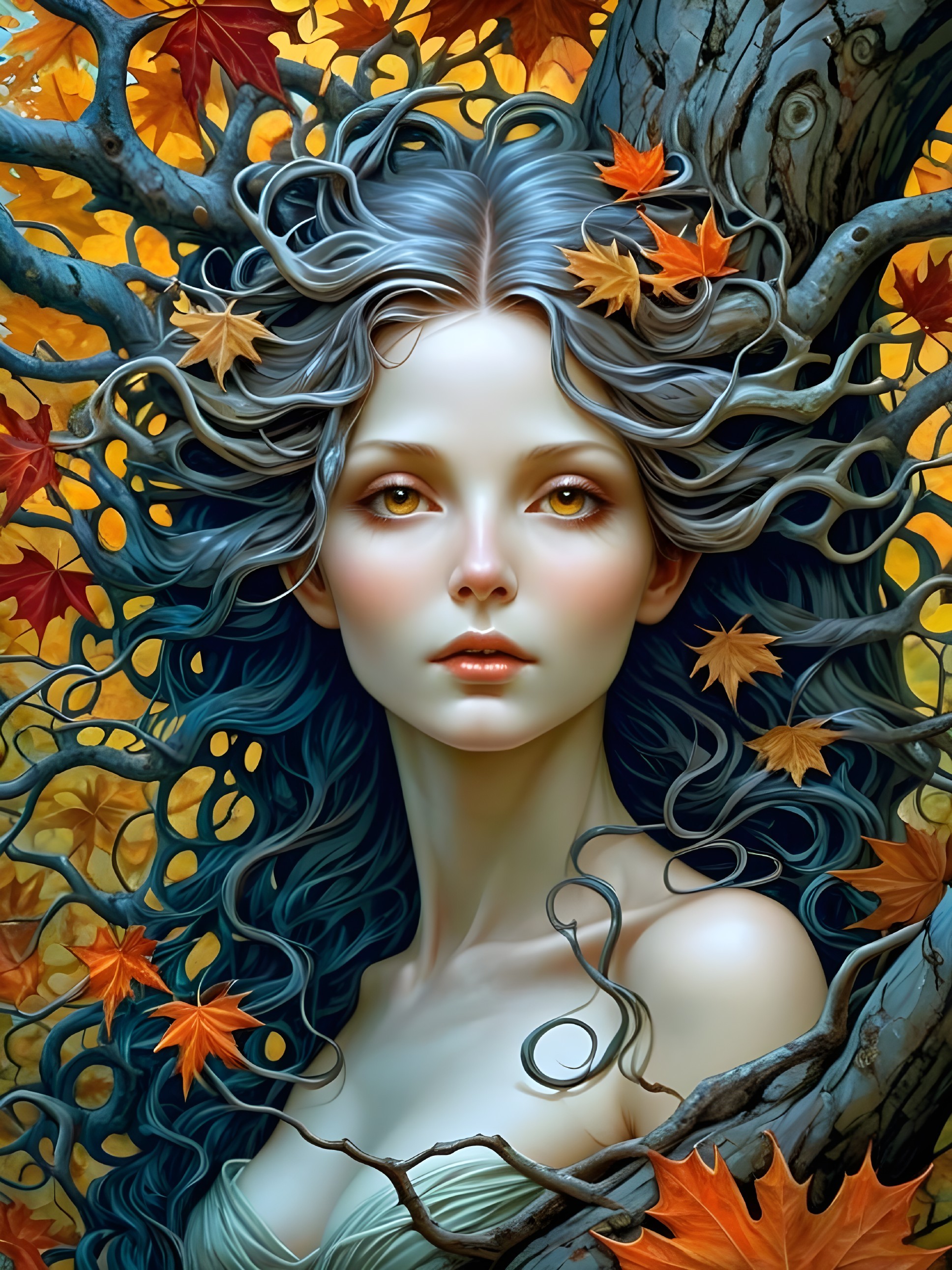 Mystical Woman Intertwined with Autumn Tree Branches