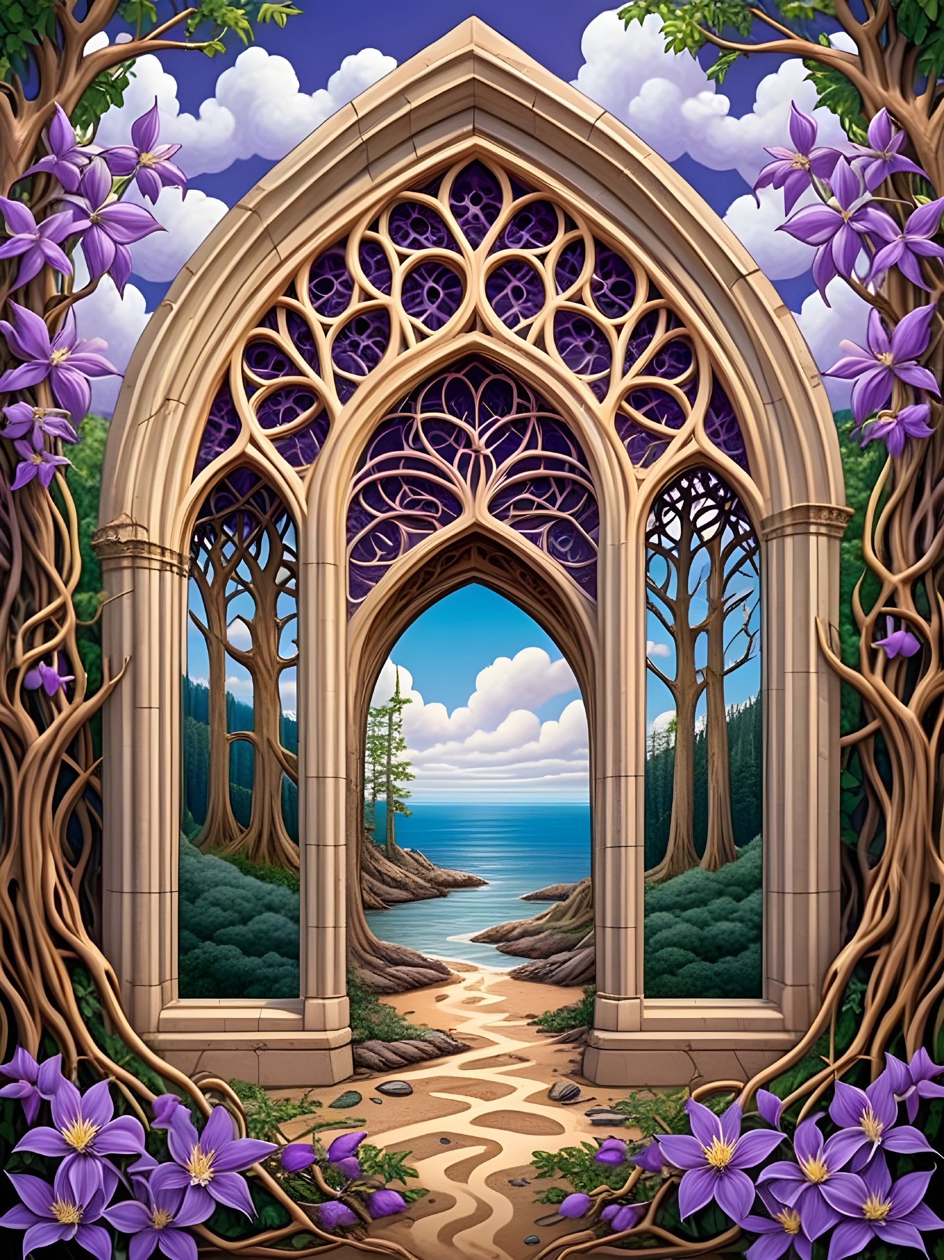 Gothic Archway Surrounded by Flowers and Coastal Views