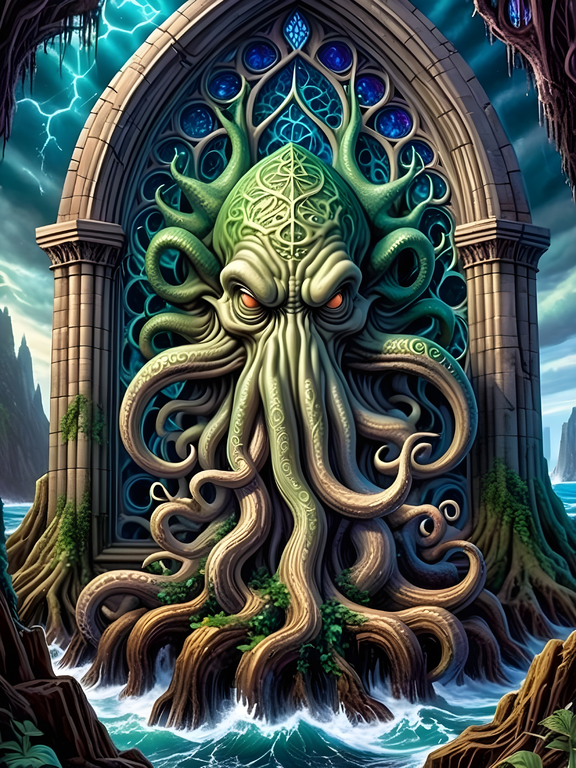 Mythical creature with green visage and orange eyes
