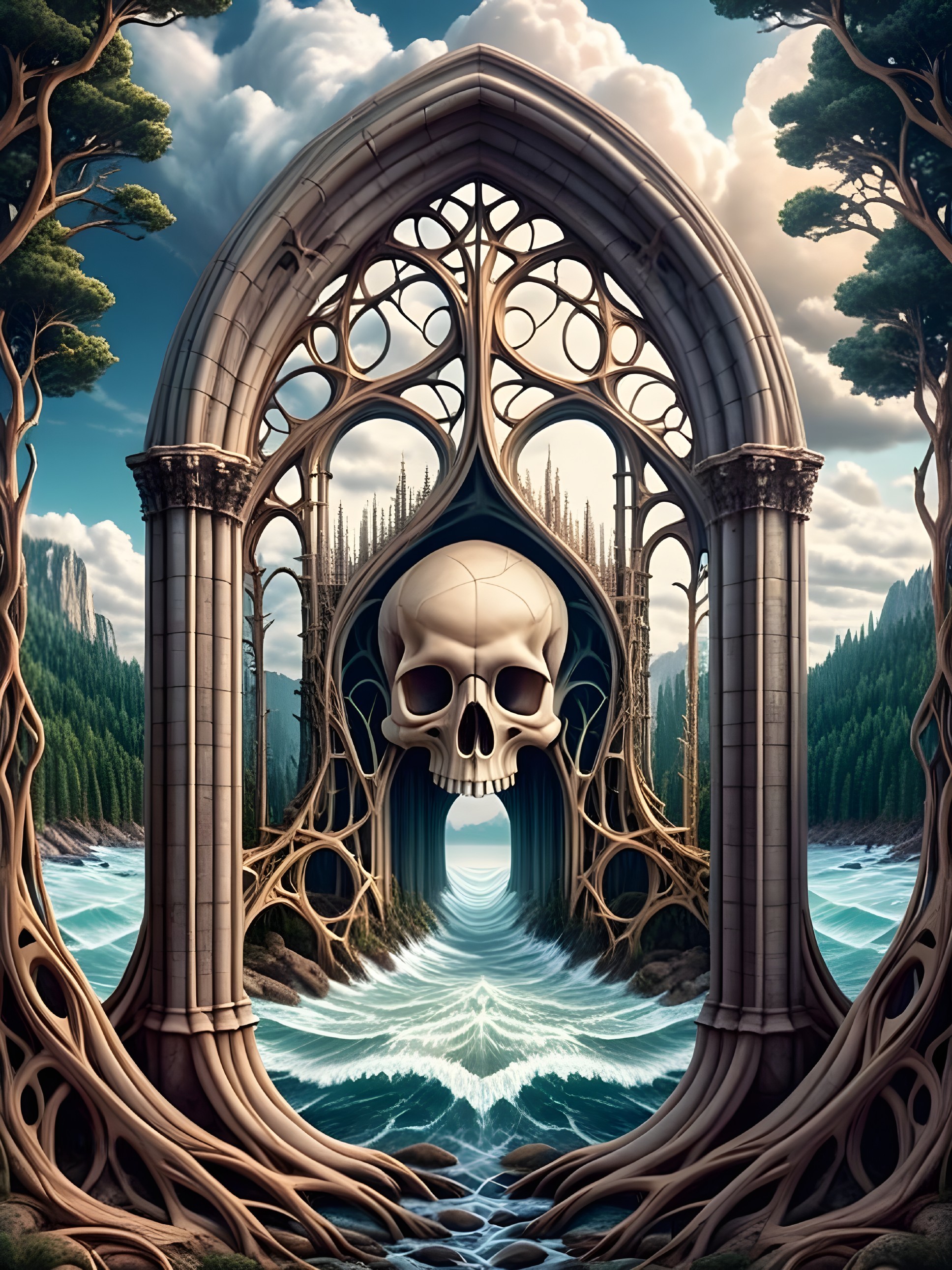 Ornate Gothic Archway with Skull and Mystic Landscape