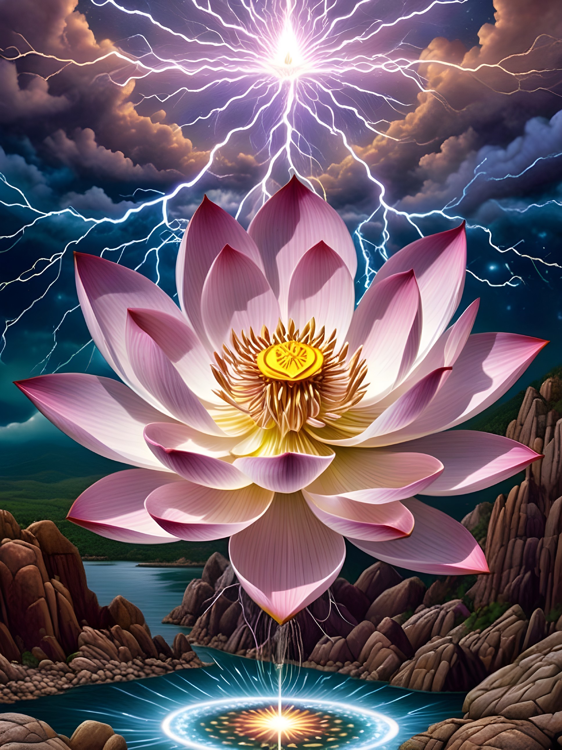 Lotus Flower Amidst Stormy Clouds and Lightning