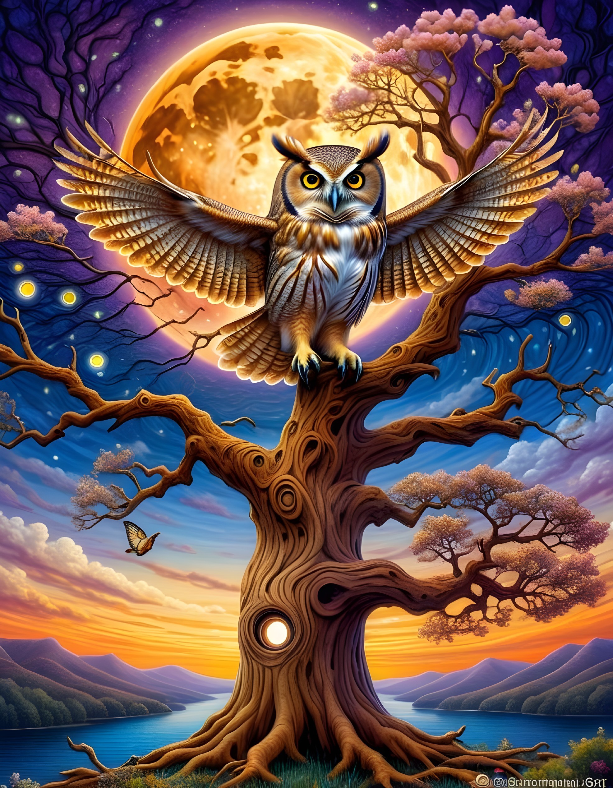 Majestic owl perched on a tree at twilight with moon