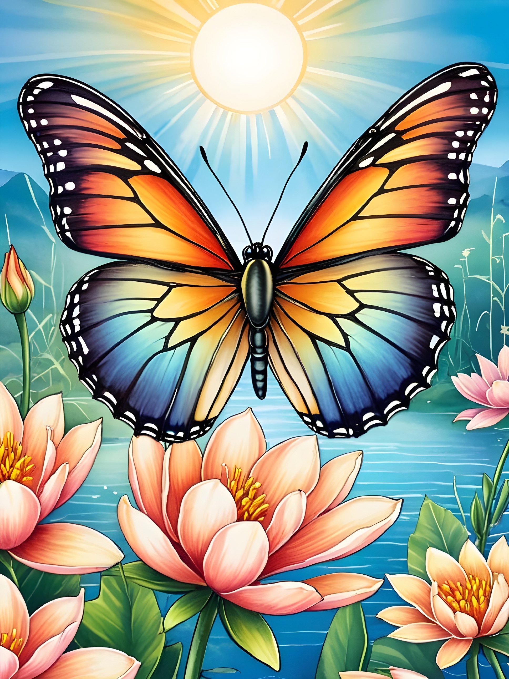 Butterfly Over Pond with Water Lilies and Mountains