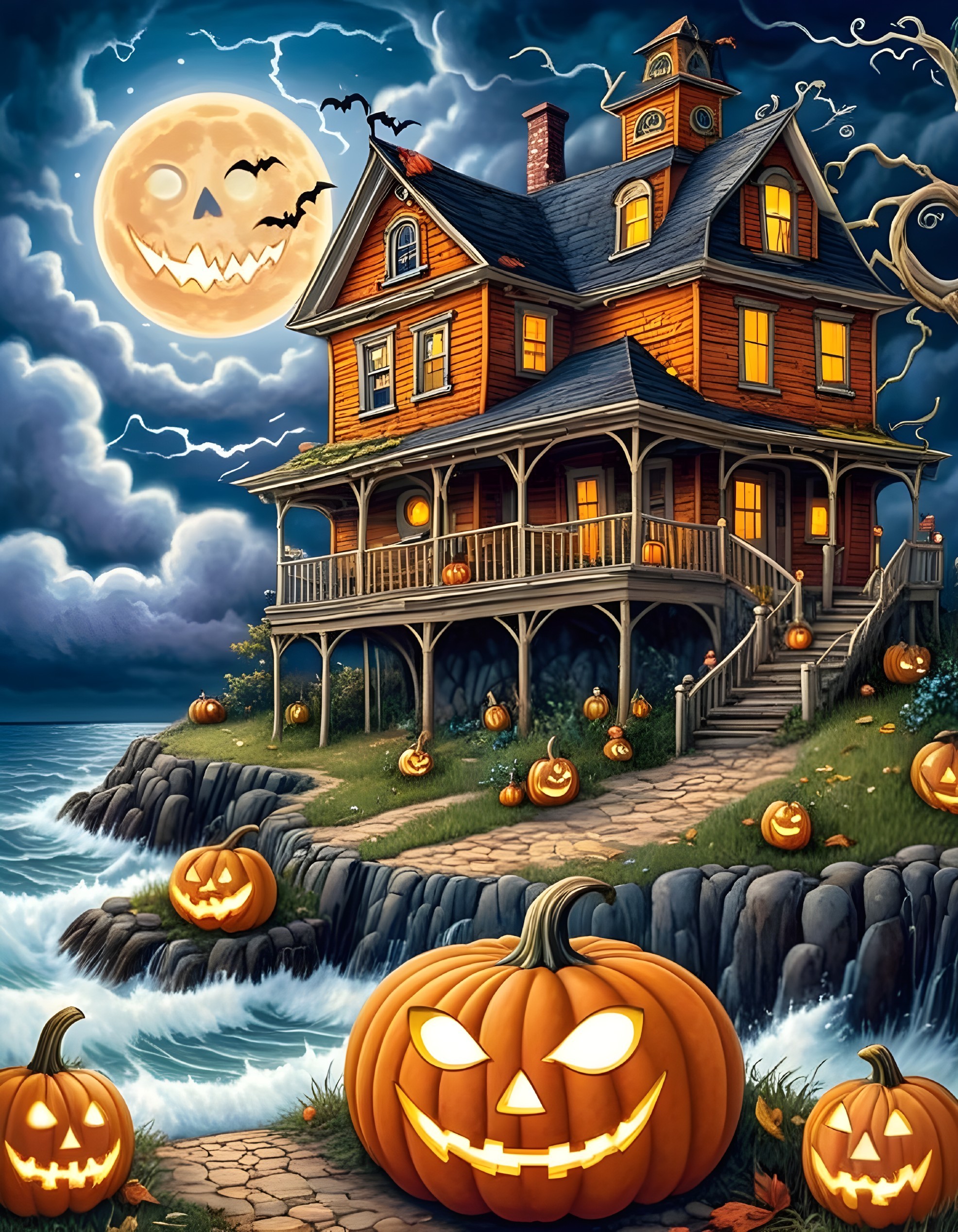 Whimsical Halloween Scene with Moonlit Orange House