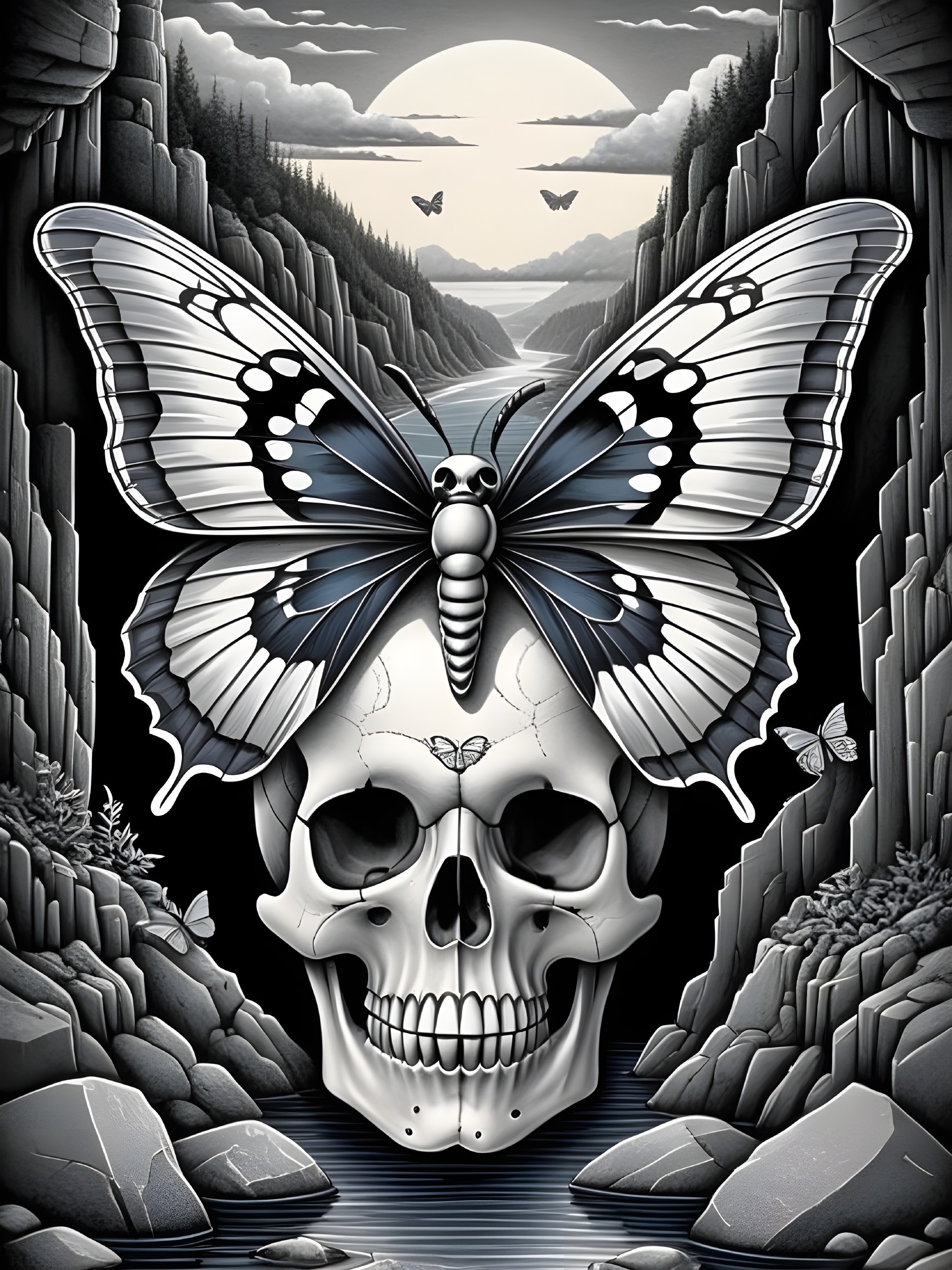 Monochromatic Illustration of Skull and Butterfly Design