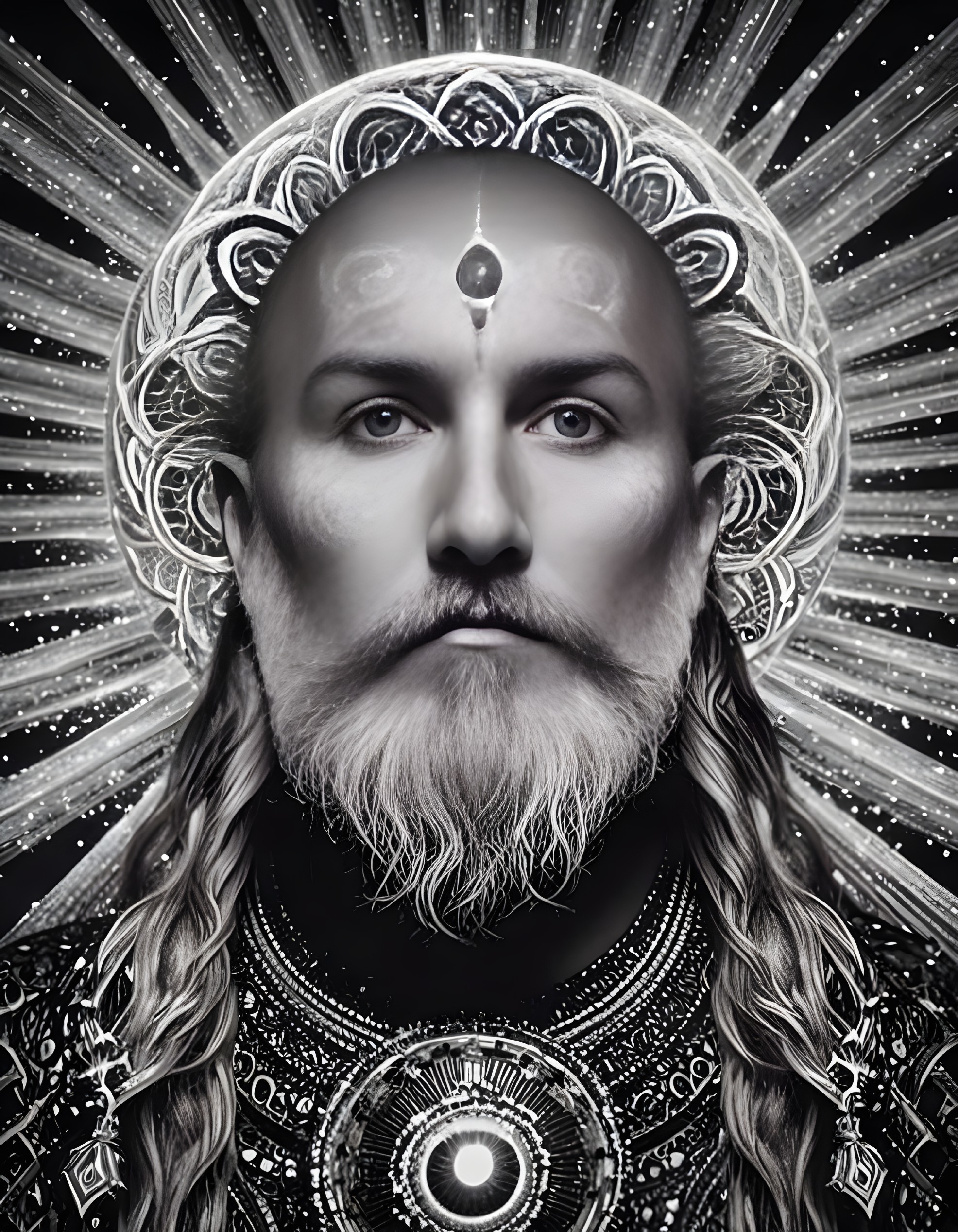 Black and White Portrait of a Wise Figure with Halo