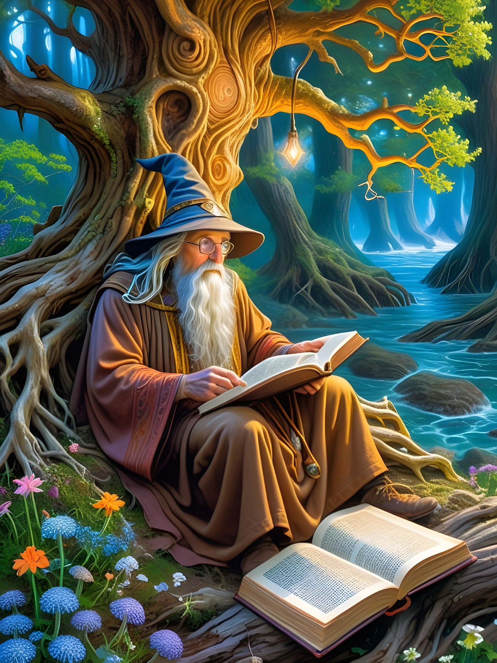 Elderly wizard reading in a mystical forest setting