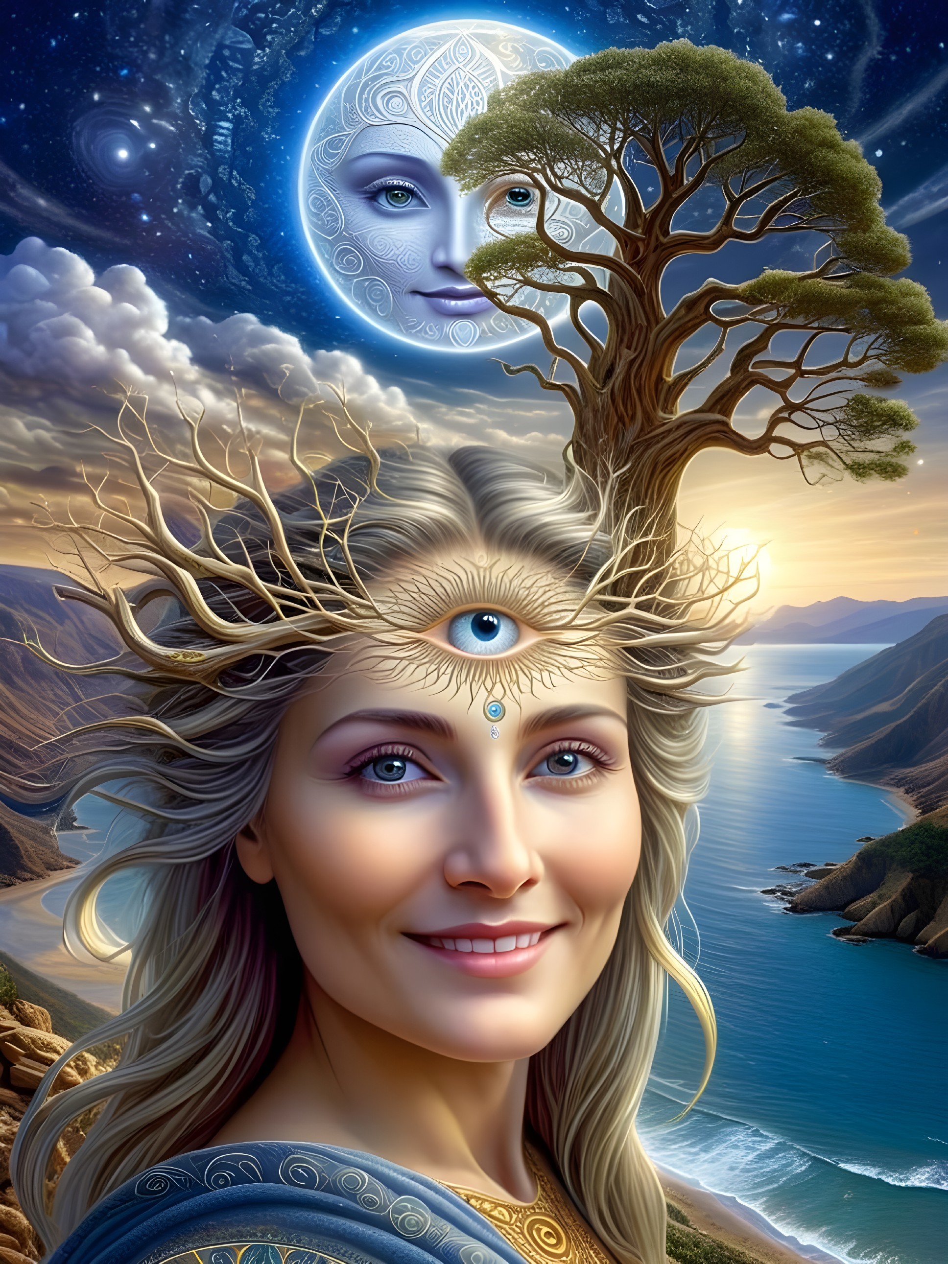 Mystical figure entwined with nature and celestial elements