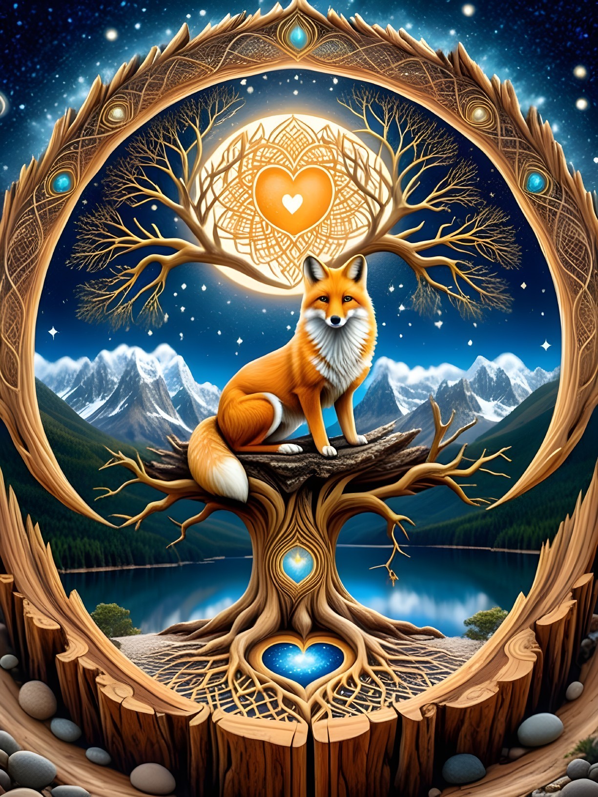 Majestic fox on tree branch with golden sun backdrop