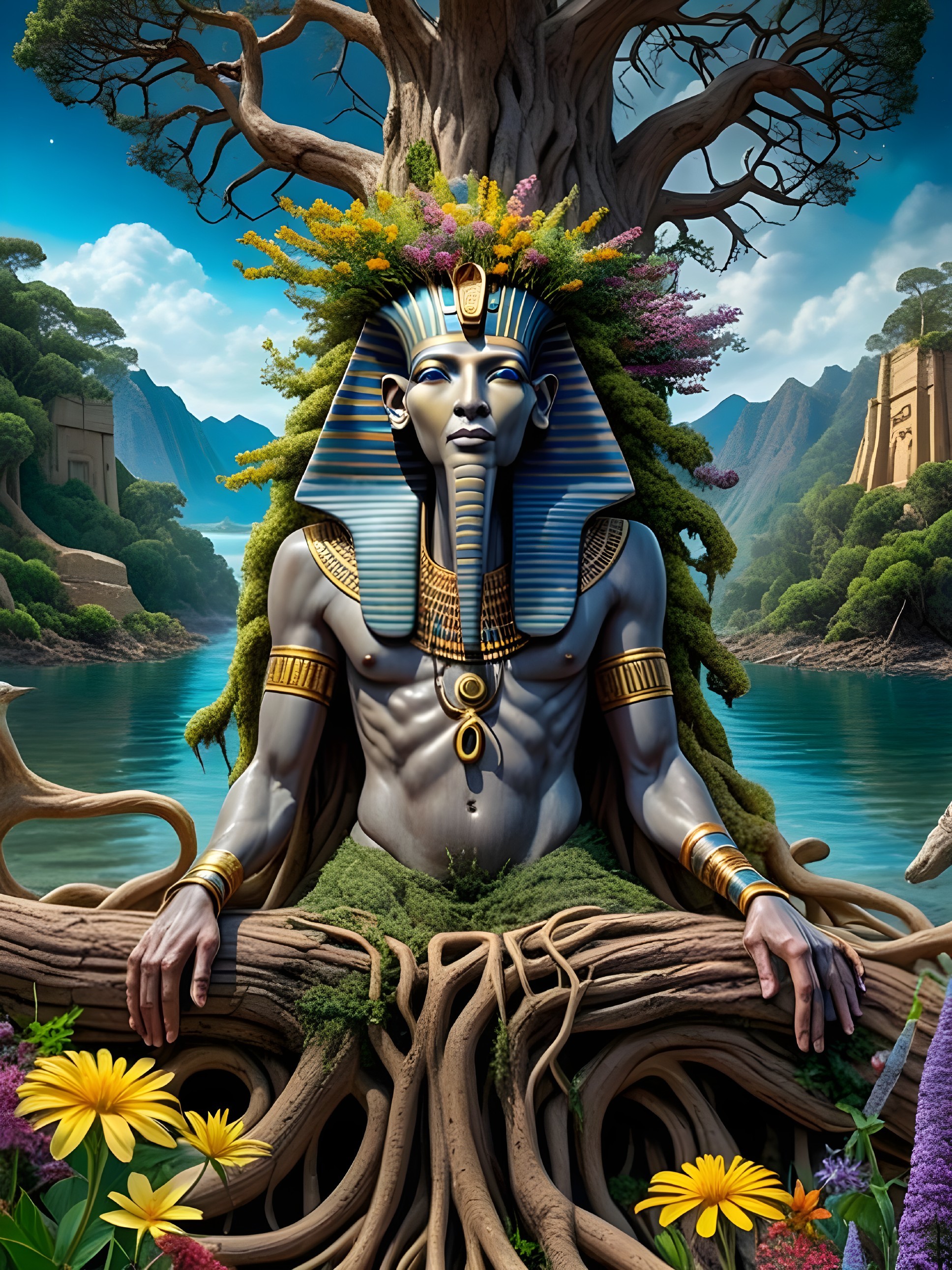 Ancient Egyptian God Figure Surrounded by Nature