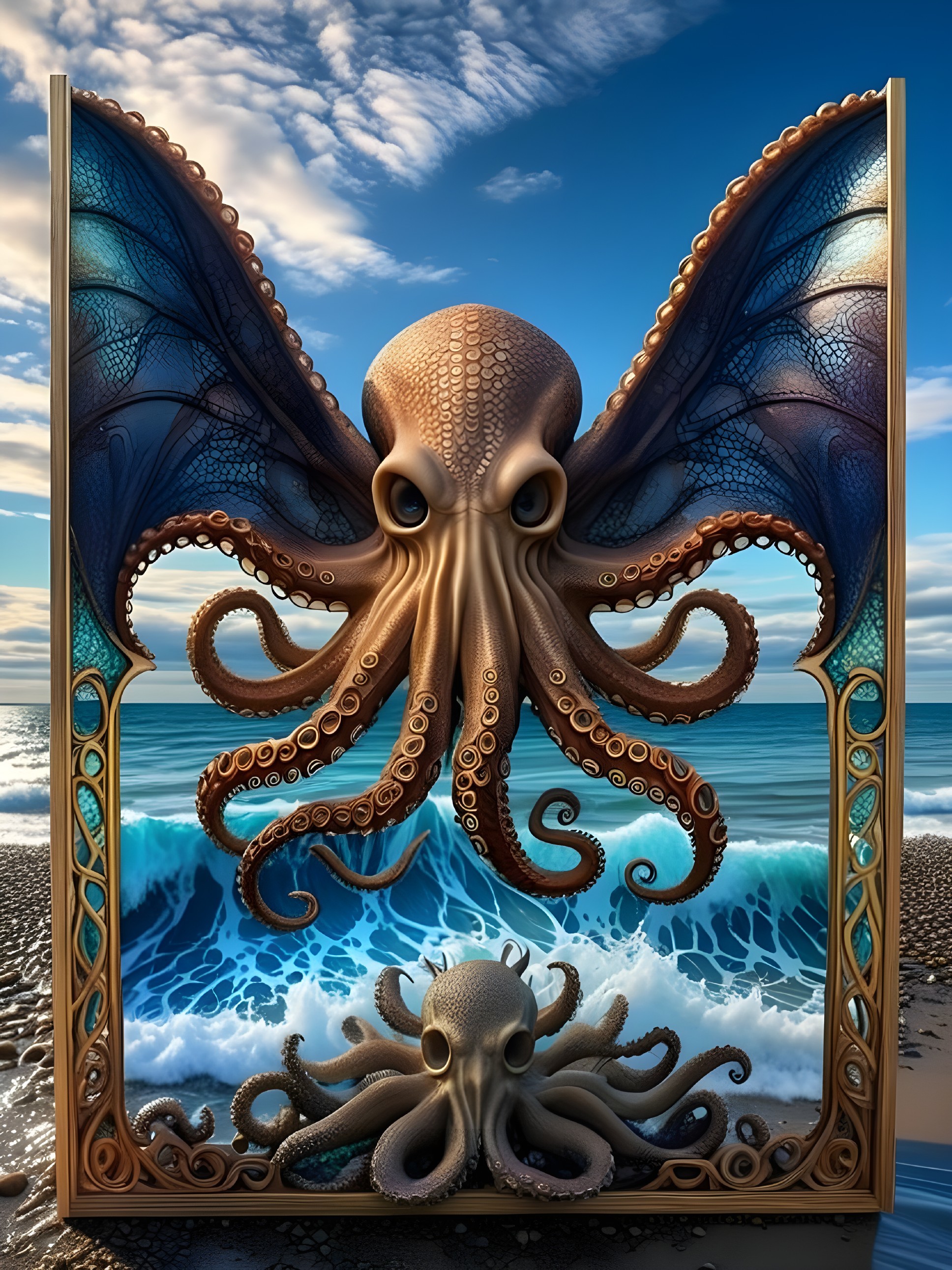 Majestic Octopus with Wings in Surreal Ocean Scene
