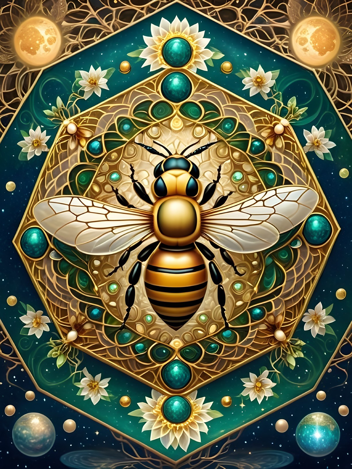 Intricate Mandala Design with Golden Bee and Lilies