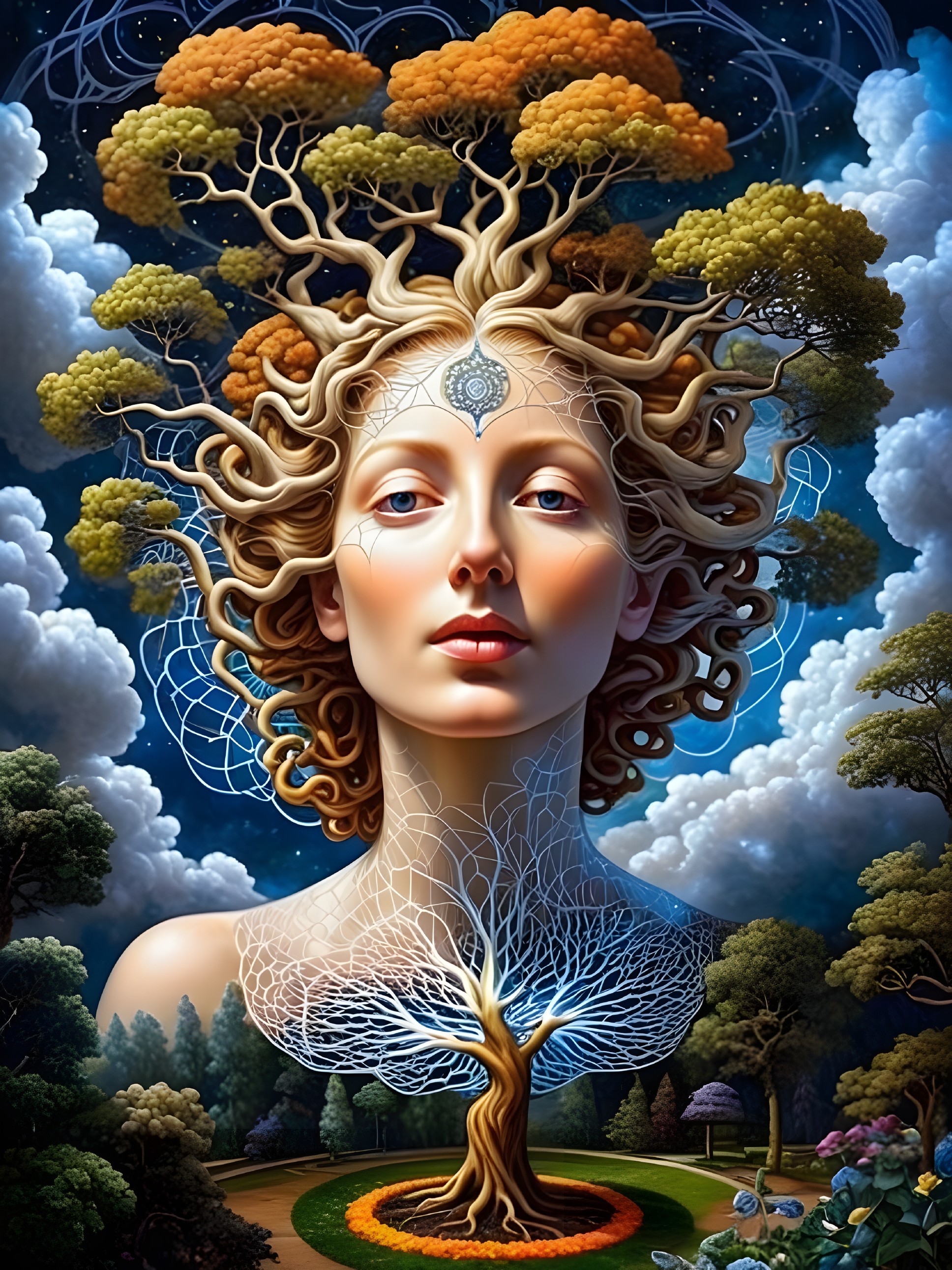 Surreal Art of Woman with Hair as Tree Branches