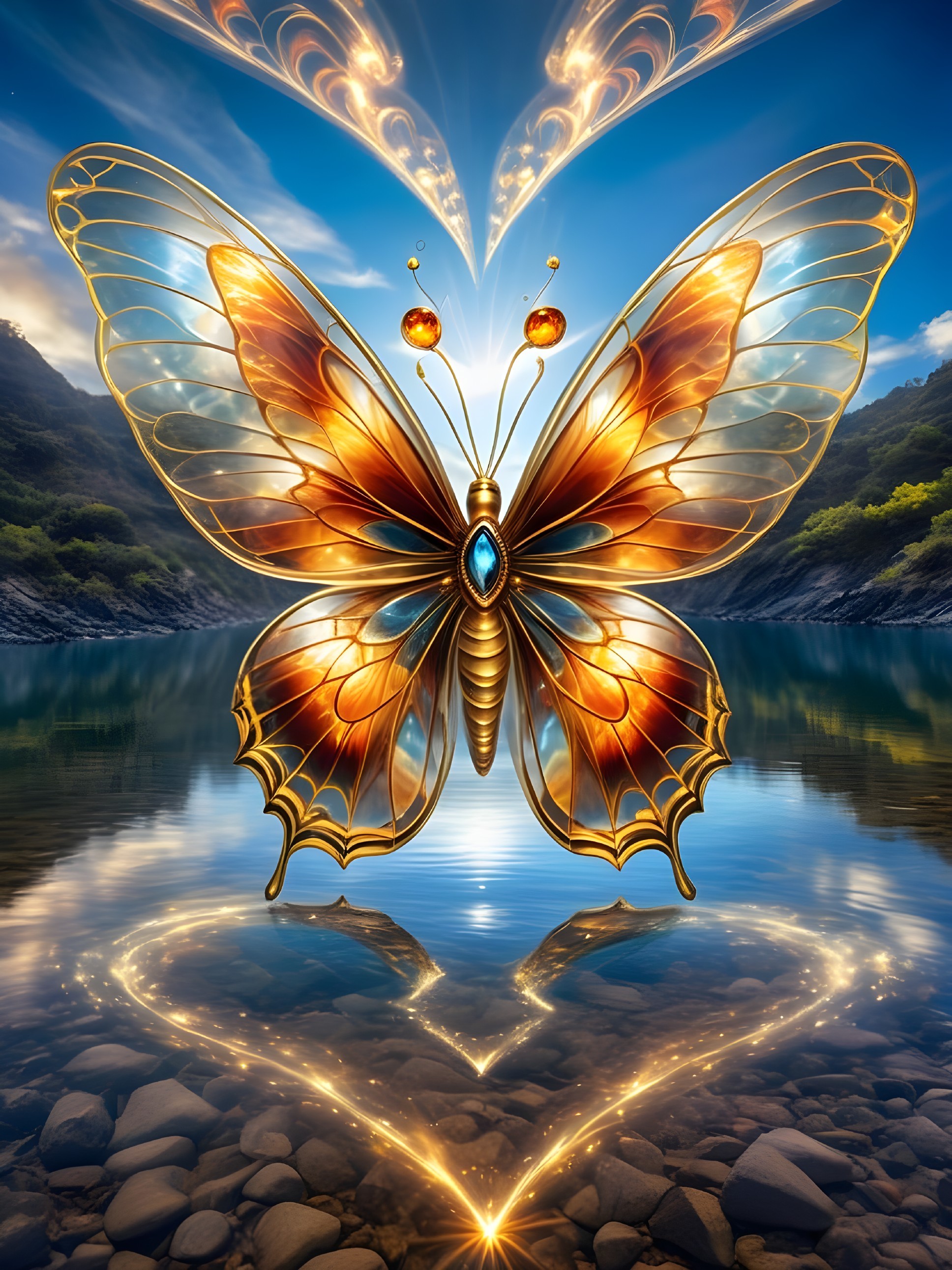Golden Butterfly Over Serene Reflective Water Scene