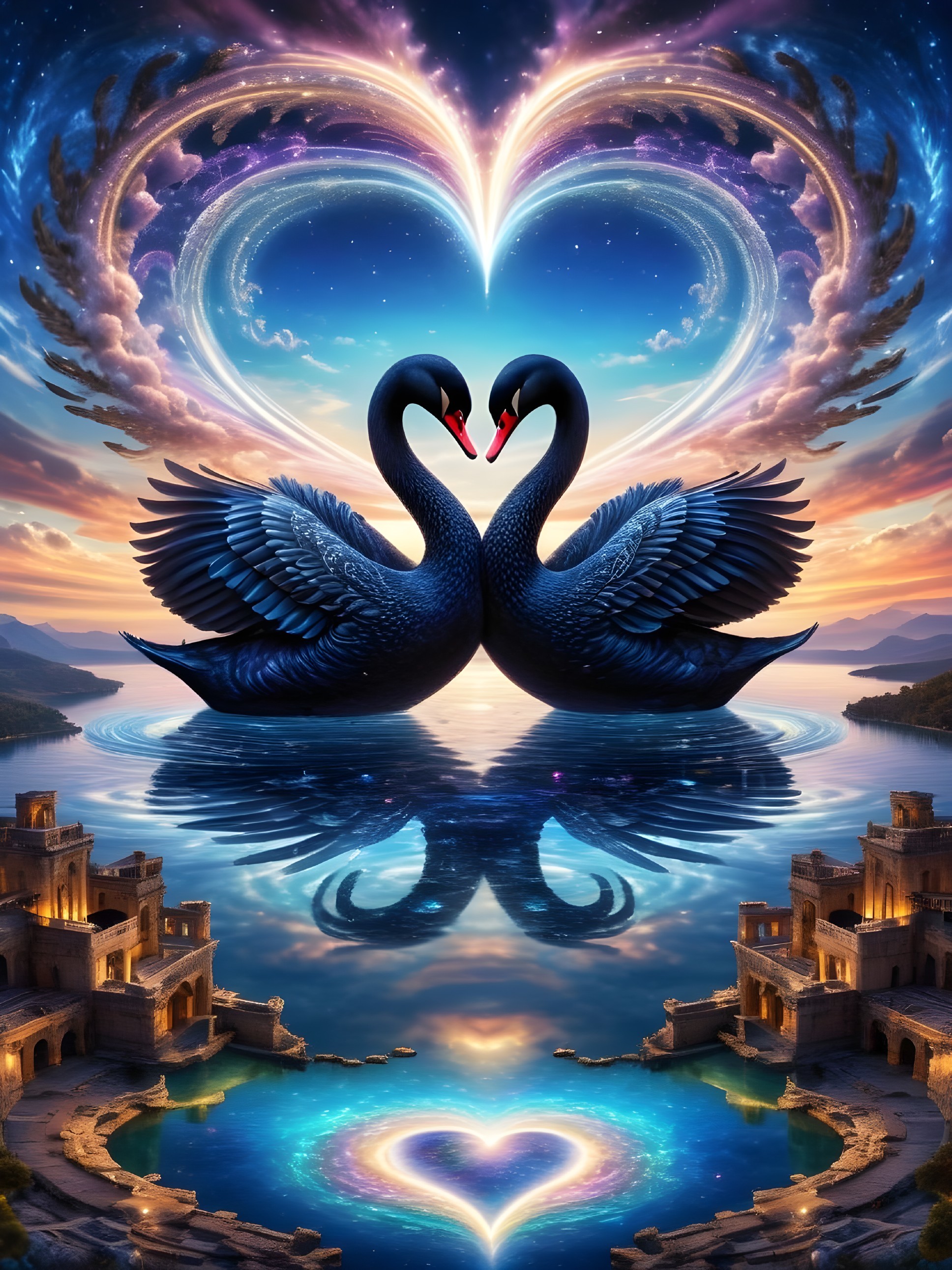 Black Swans Form Heart Shape on Serene Lake at Twilight