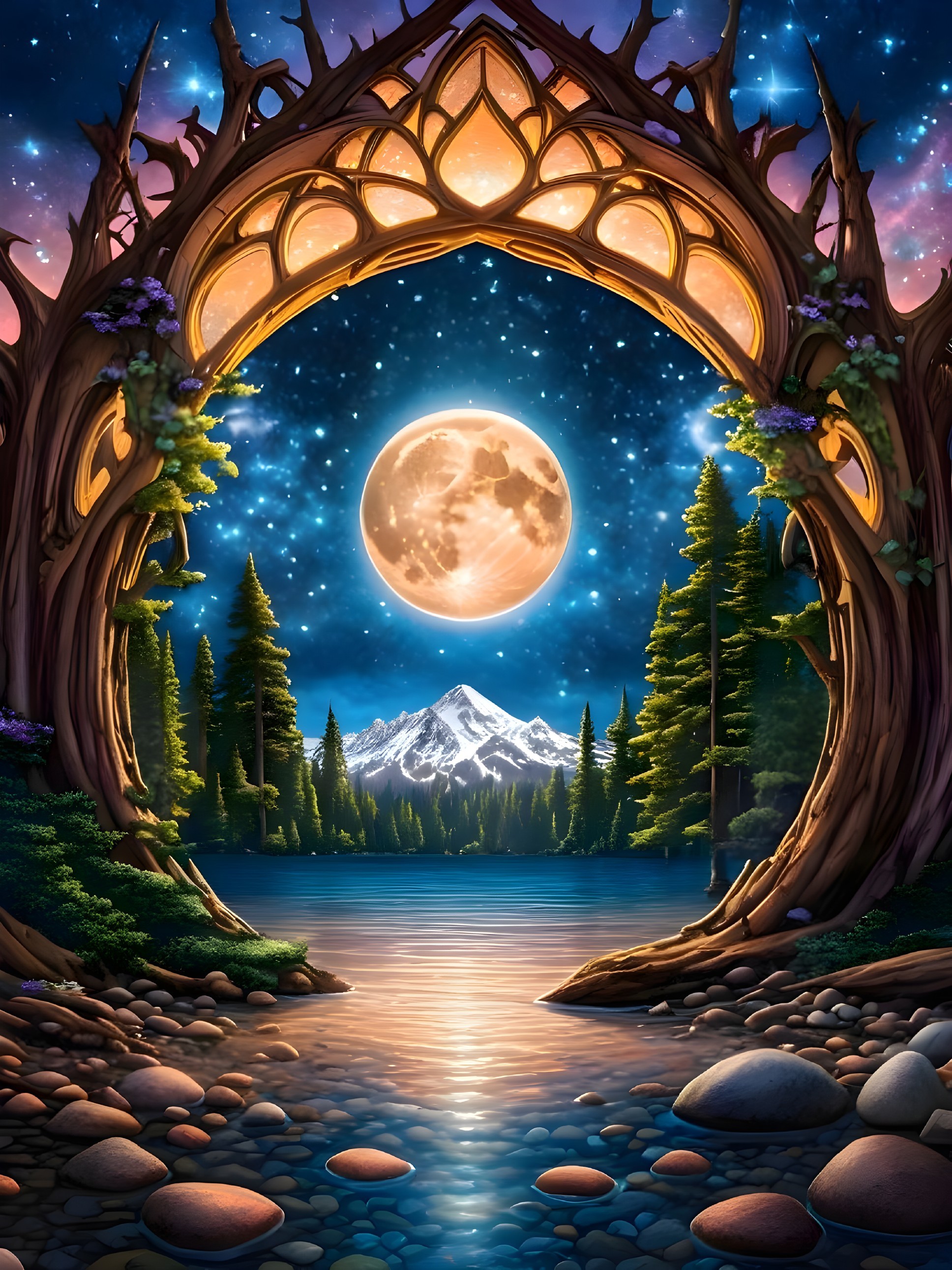 Mystical archway and serene lake under a luminous moon