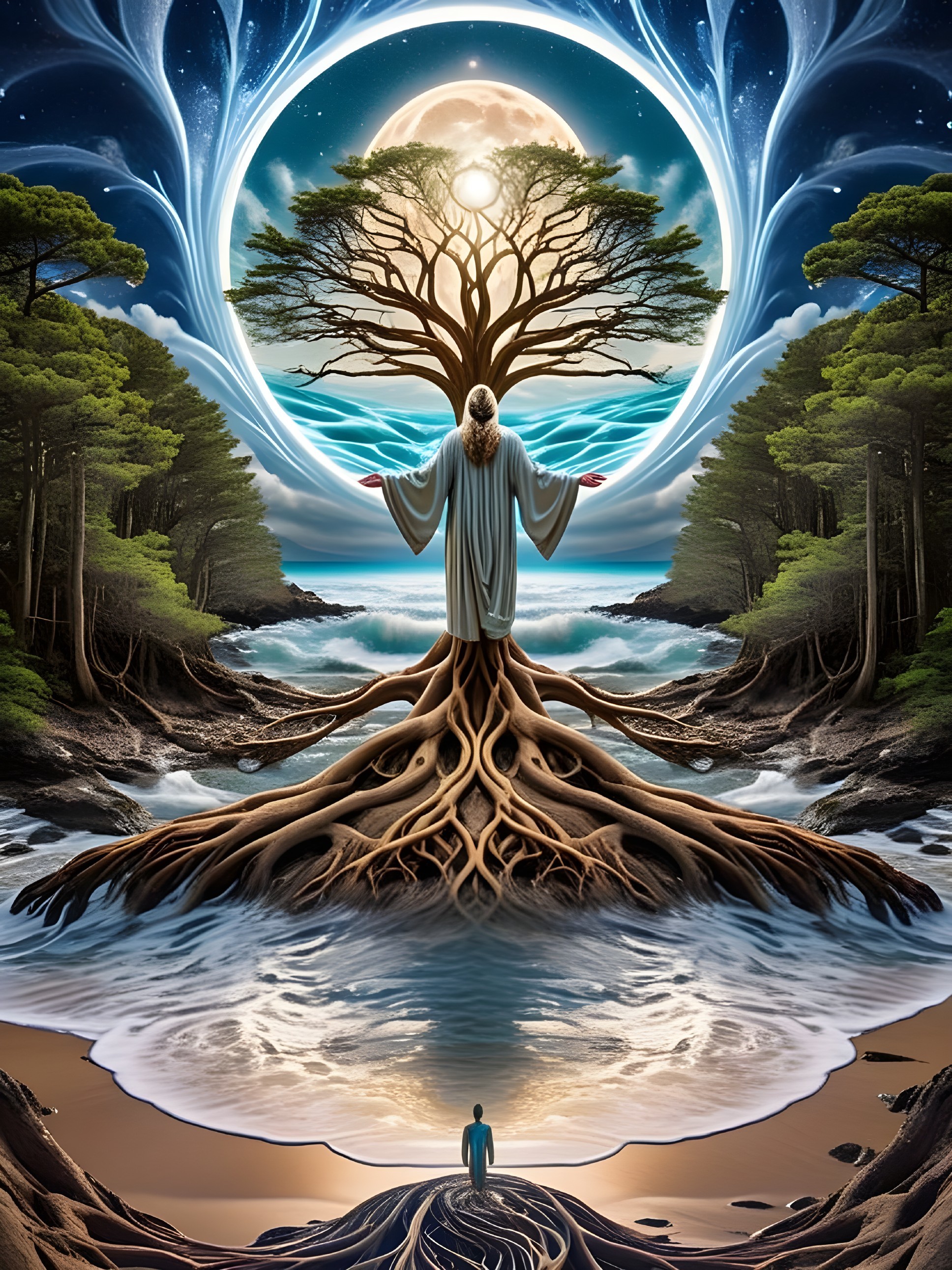Surreal Landscape with Tree, Beach, and Cosmic Elements