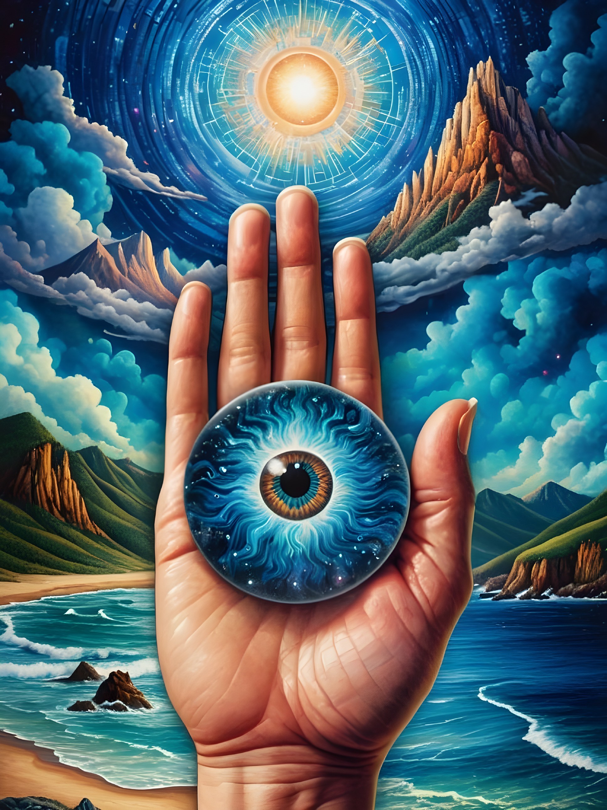 Surreal Digital Painting of Hand Holding Celestial Eye