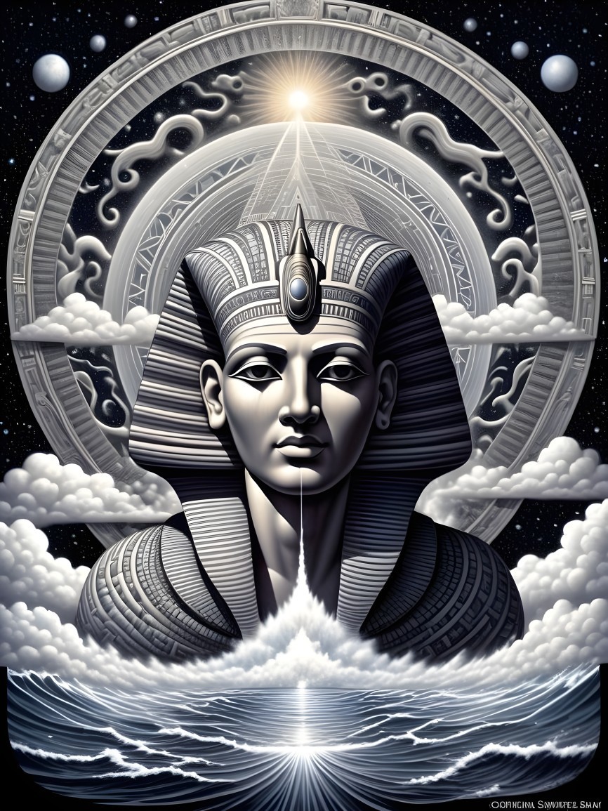 Pharaoh's Face in Grayscale with Cosmic Background