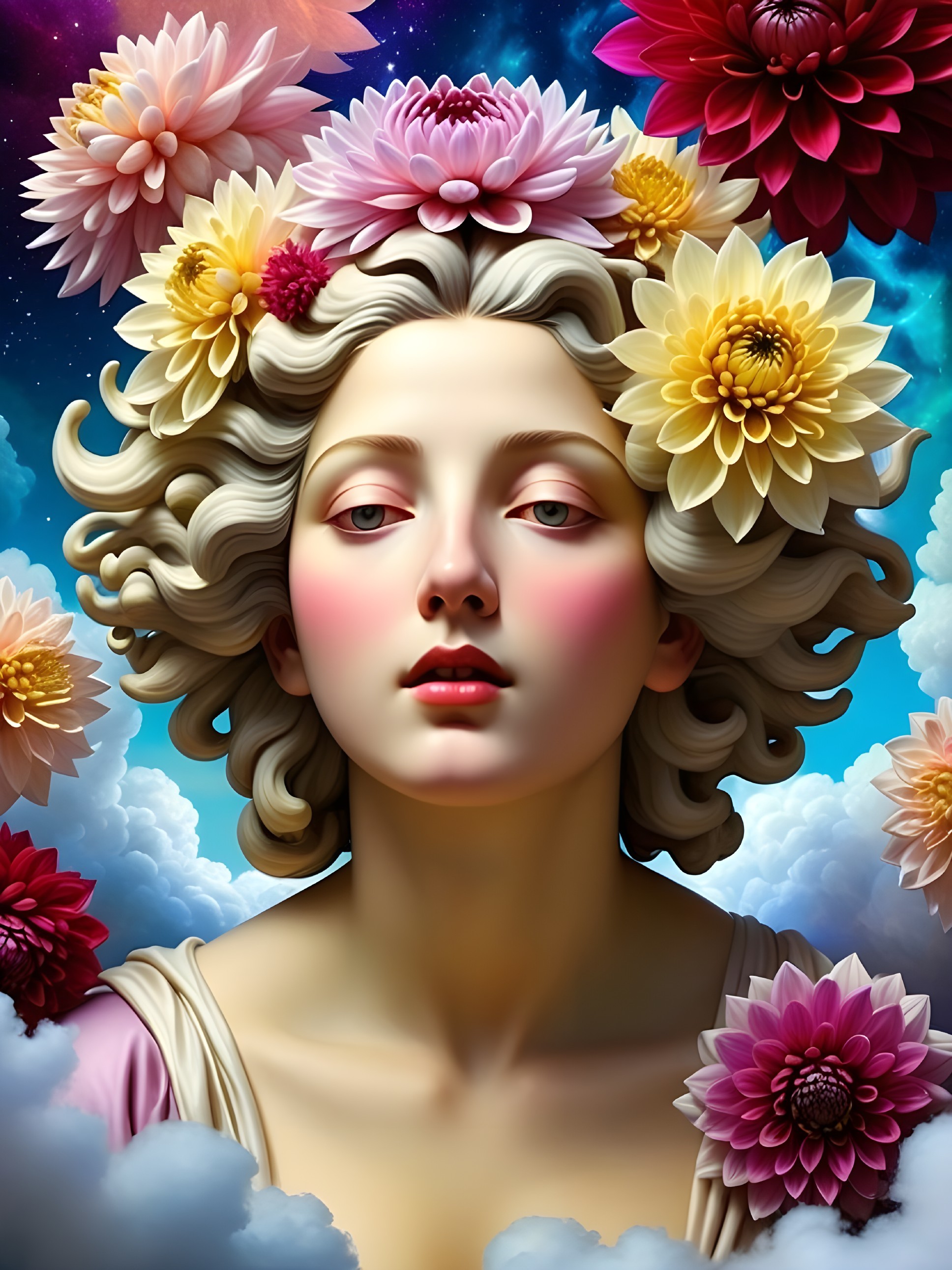 Young woman surrounded by colorful flowers and clouds