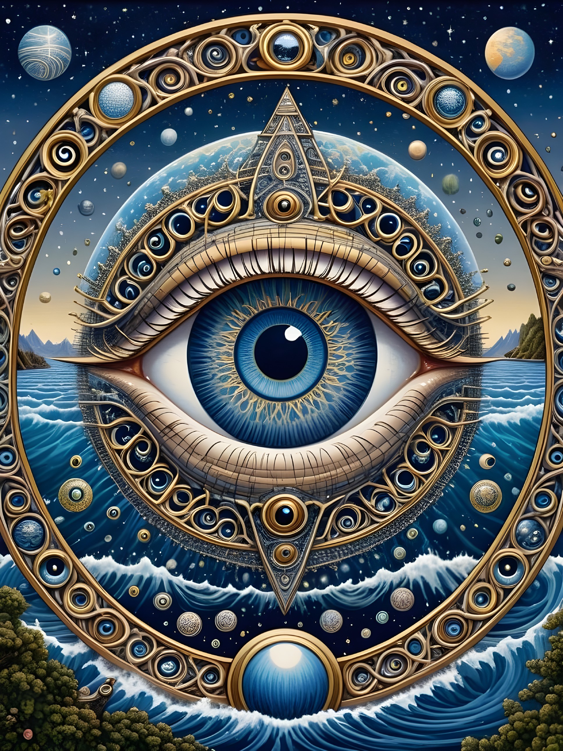 Intricate Eye Design with Cosmic Elements and Stars