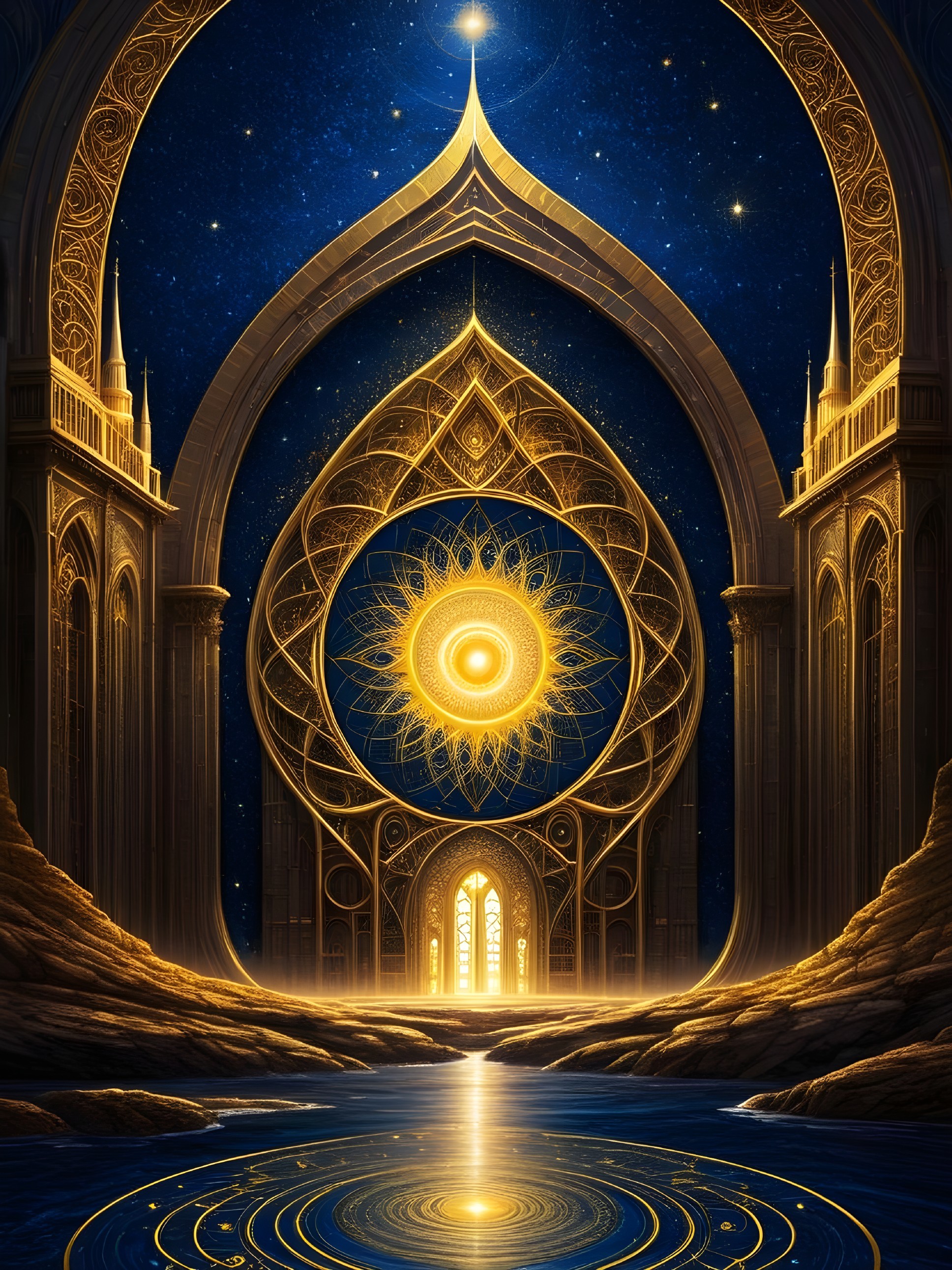 Grand Archway to Starry Night Over Serene Water