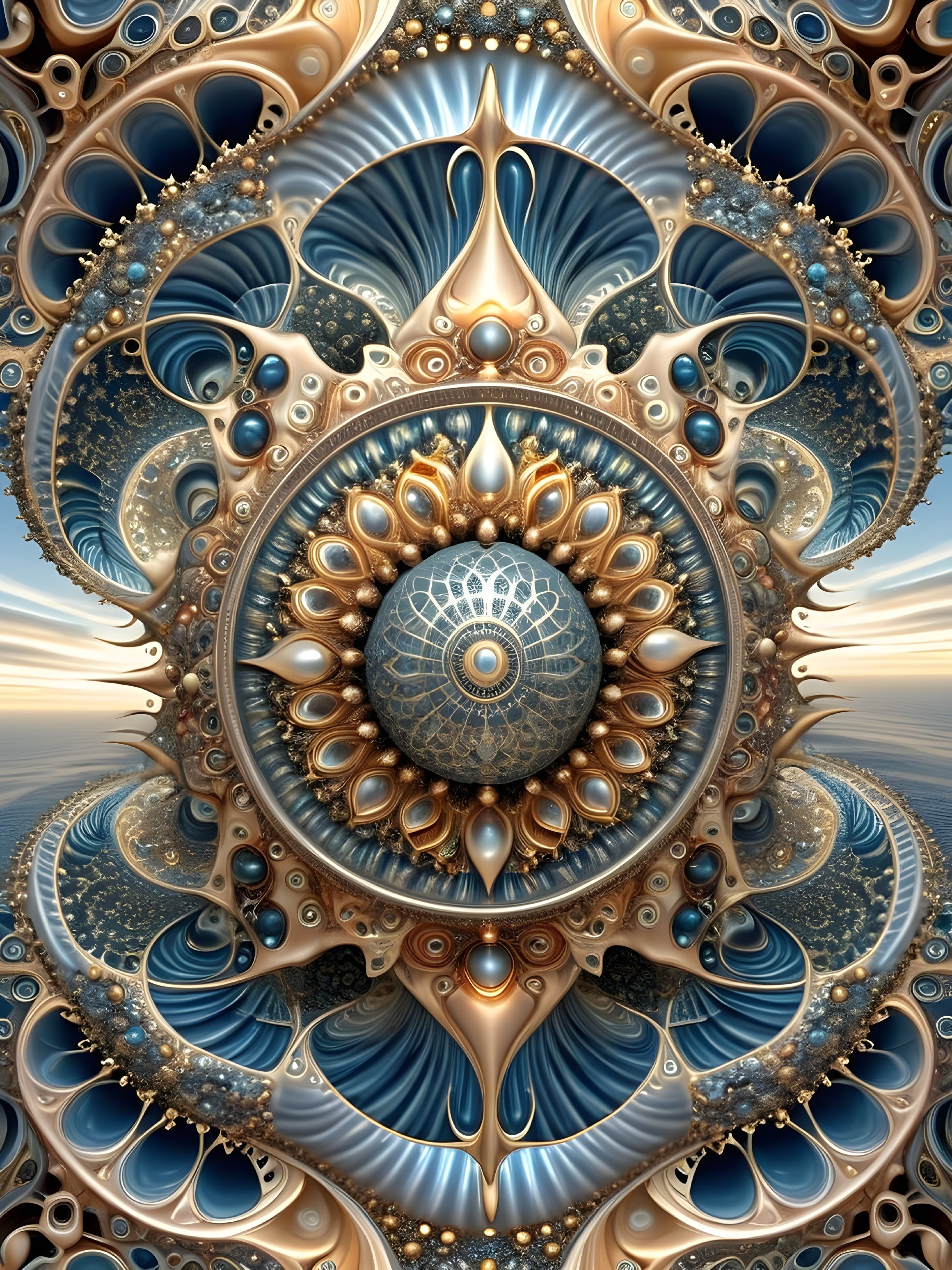Intricate Fractal Design with Swirls in Blue and Gold