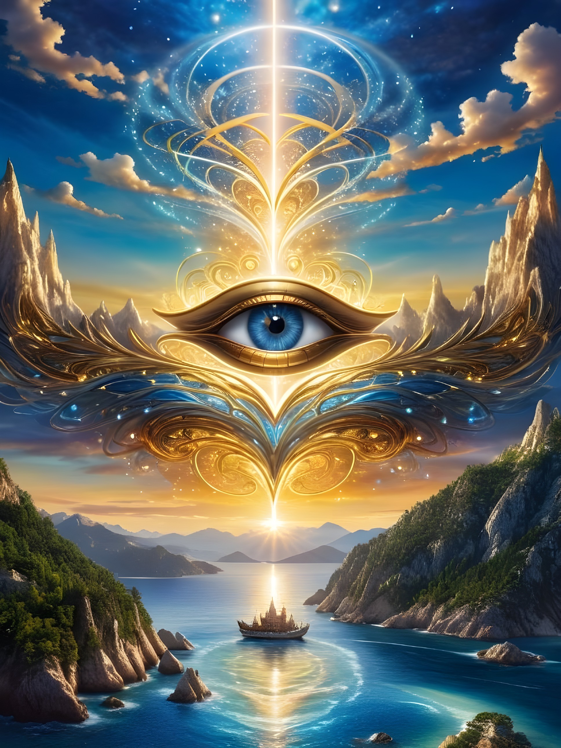 Mystical Scene with Radiant Eye and Majestic Mountains
