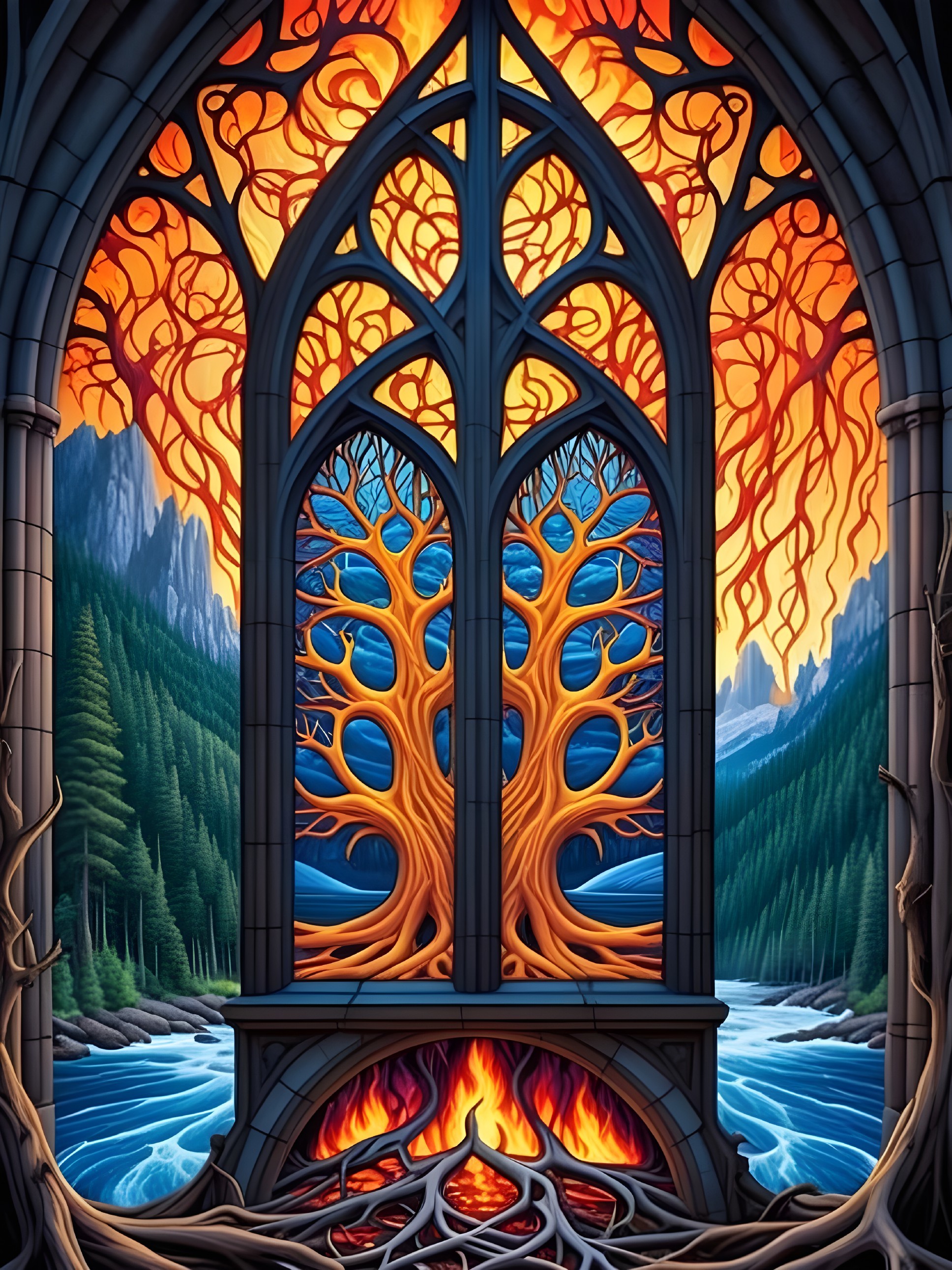 Gothic Window View of Colorful Tree and Scenic Landscape
