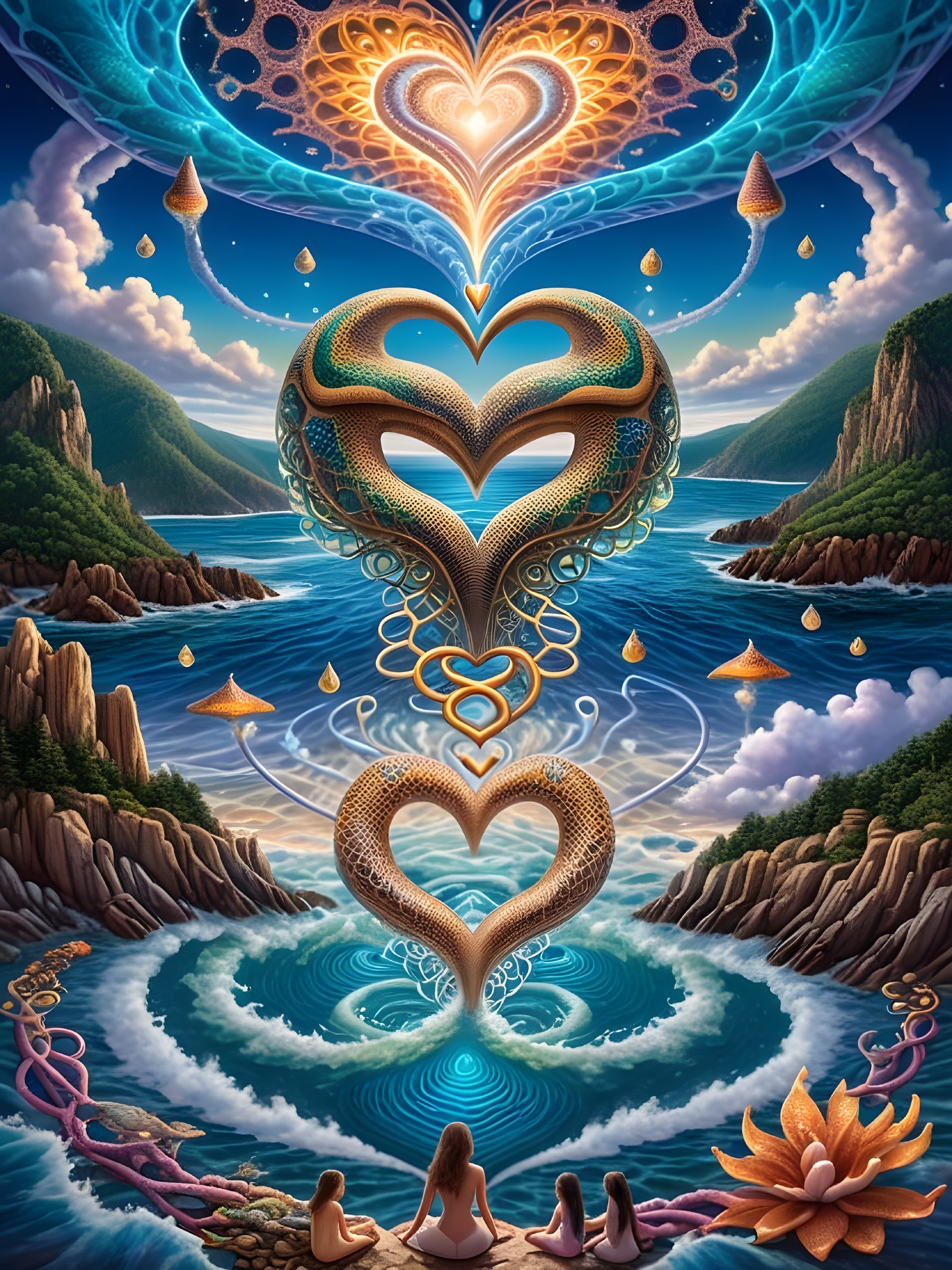 Surreal Landscape with Intertwined Hearts and Nature