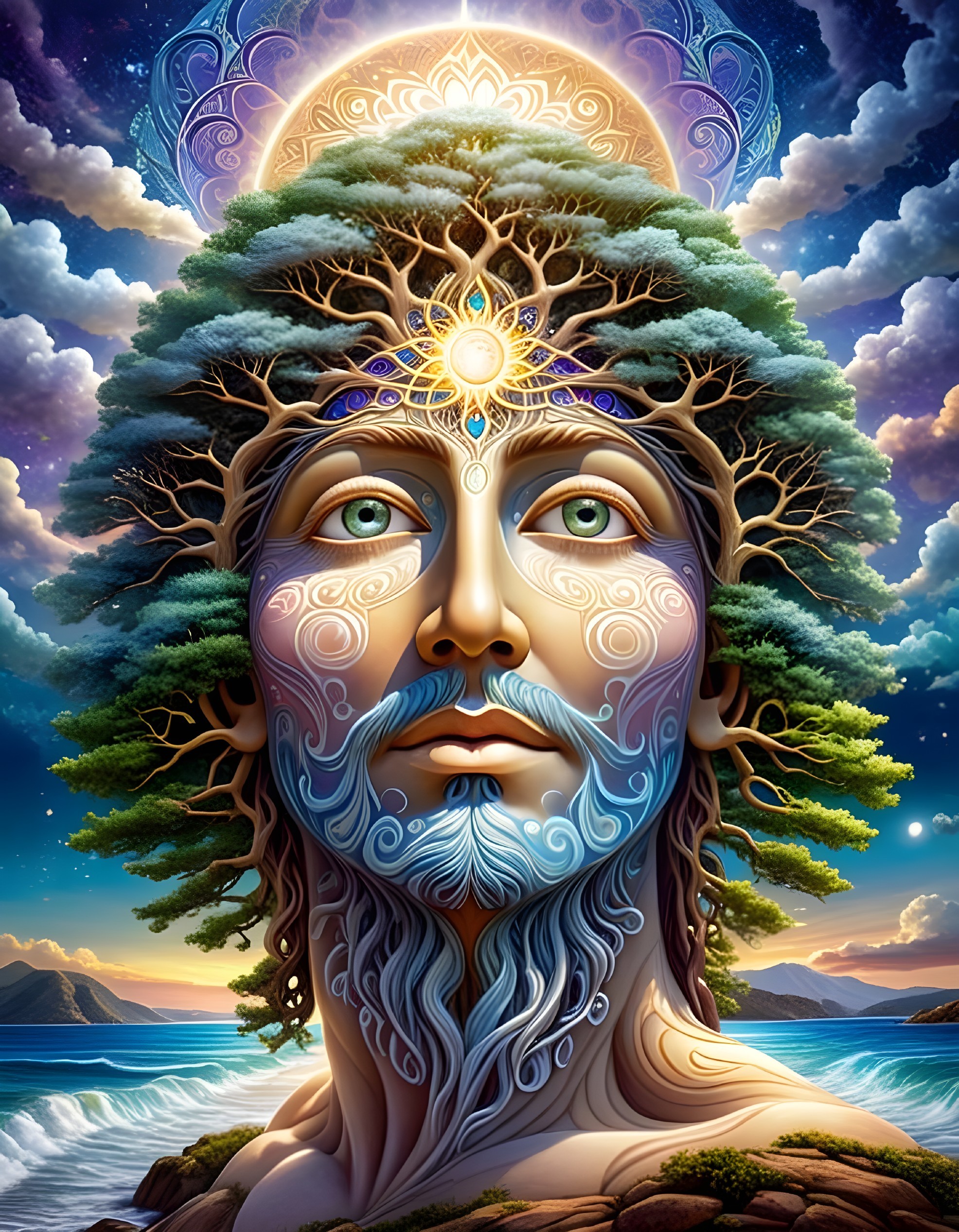 Serene Figure Merged with Majestic Tree and Landscape