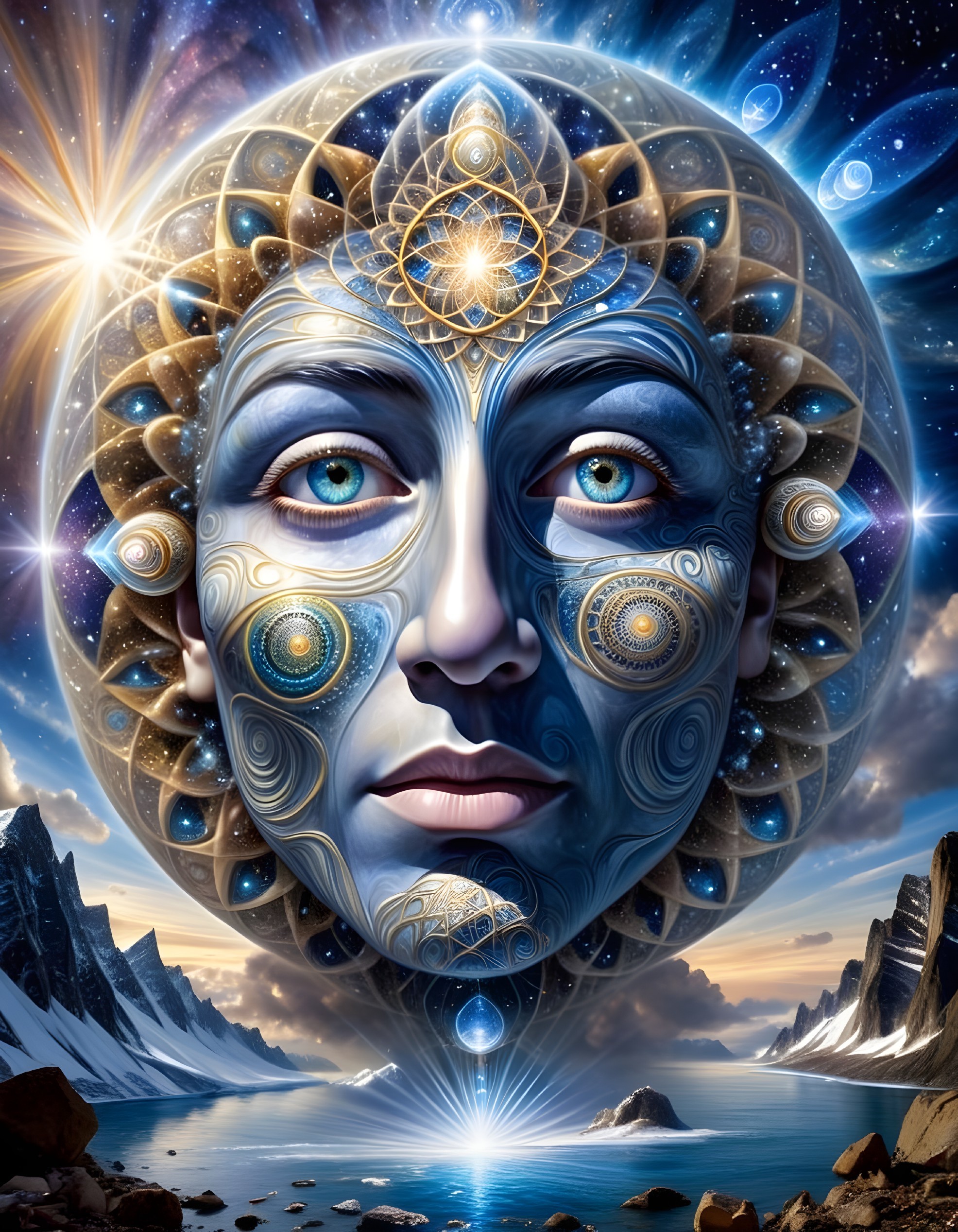 Cosmic Portrait with Serene Figure and Mandala Patterns