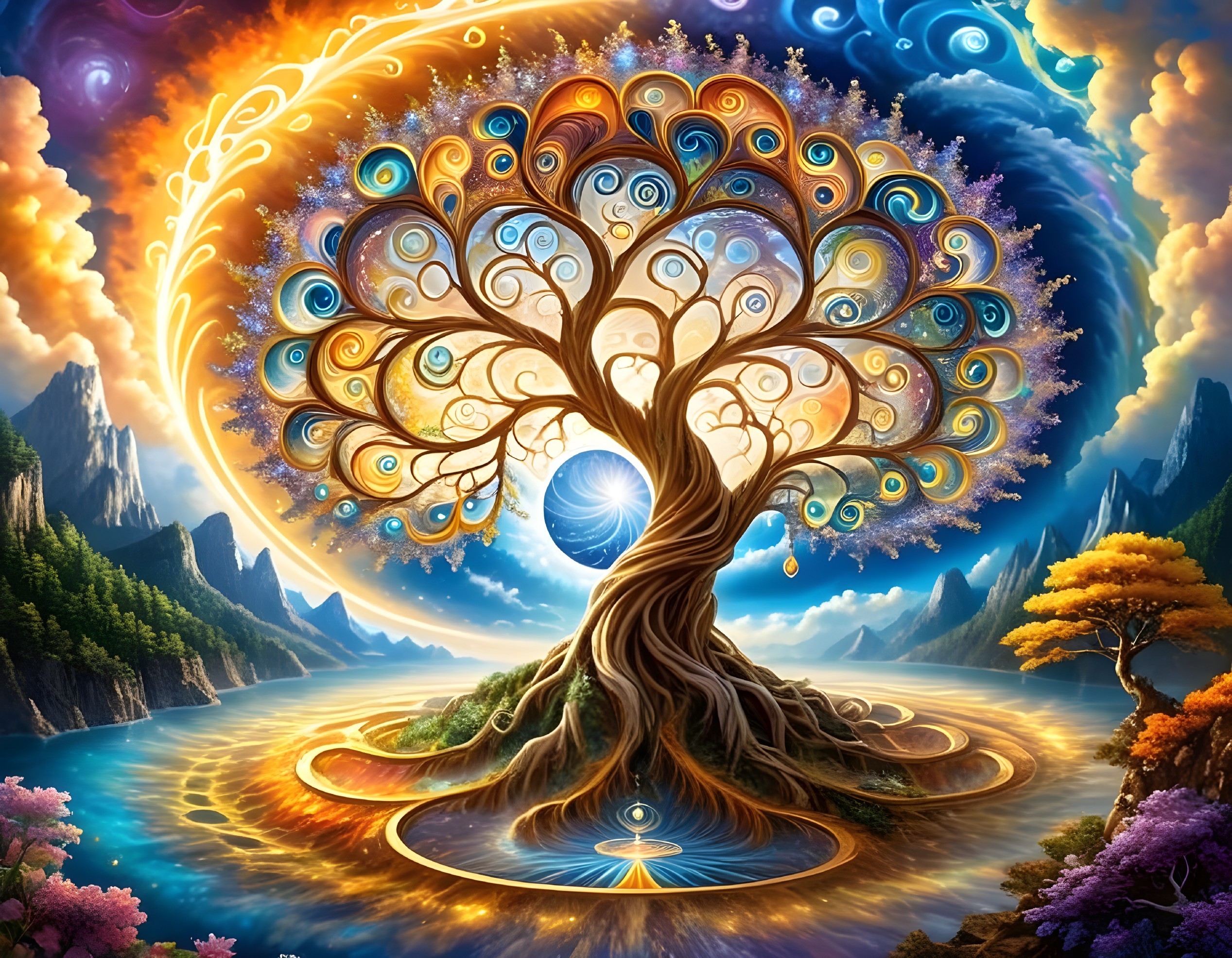 Surreal Landscape with Tree of Life and Cosmic Sky