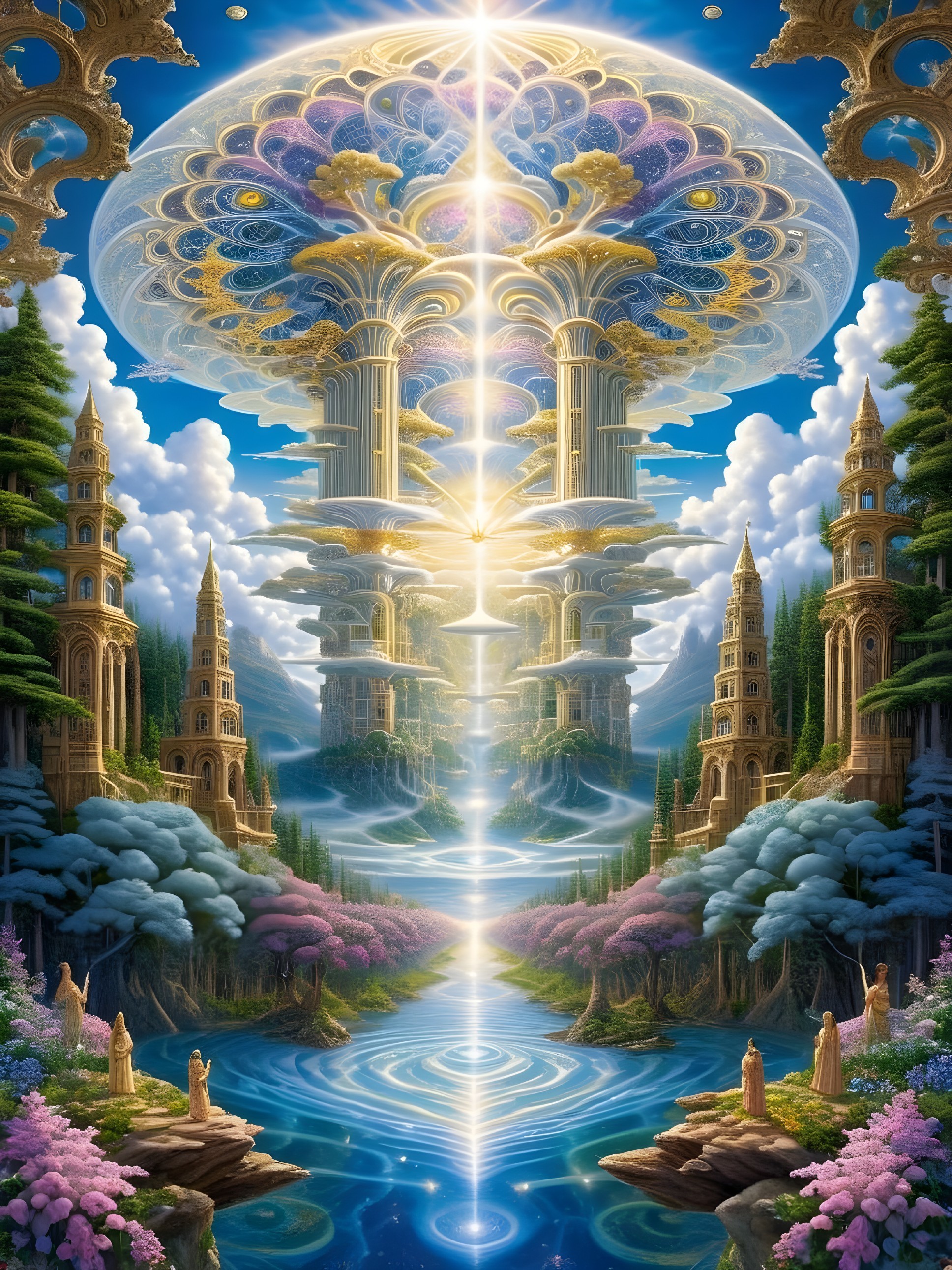 Surreal Landscape with Majestic Towers and Lush Greenery