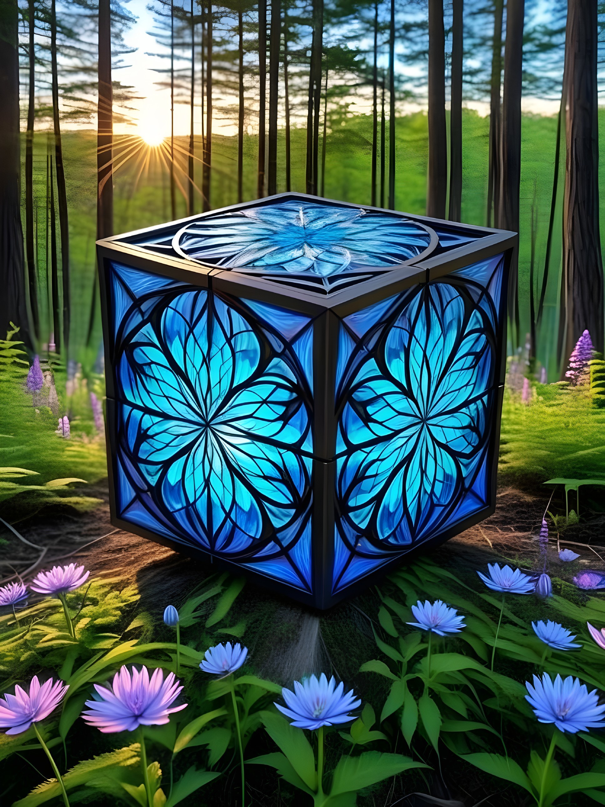 Glowing Cube with Stained Glass in Lush Forest