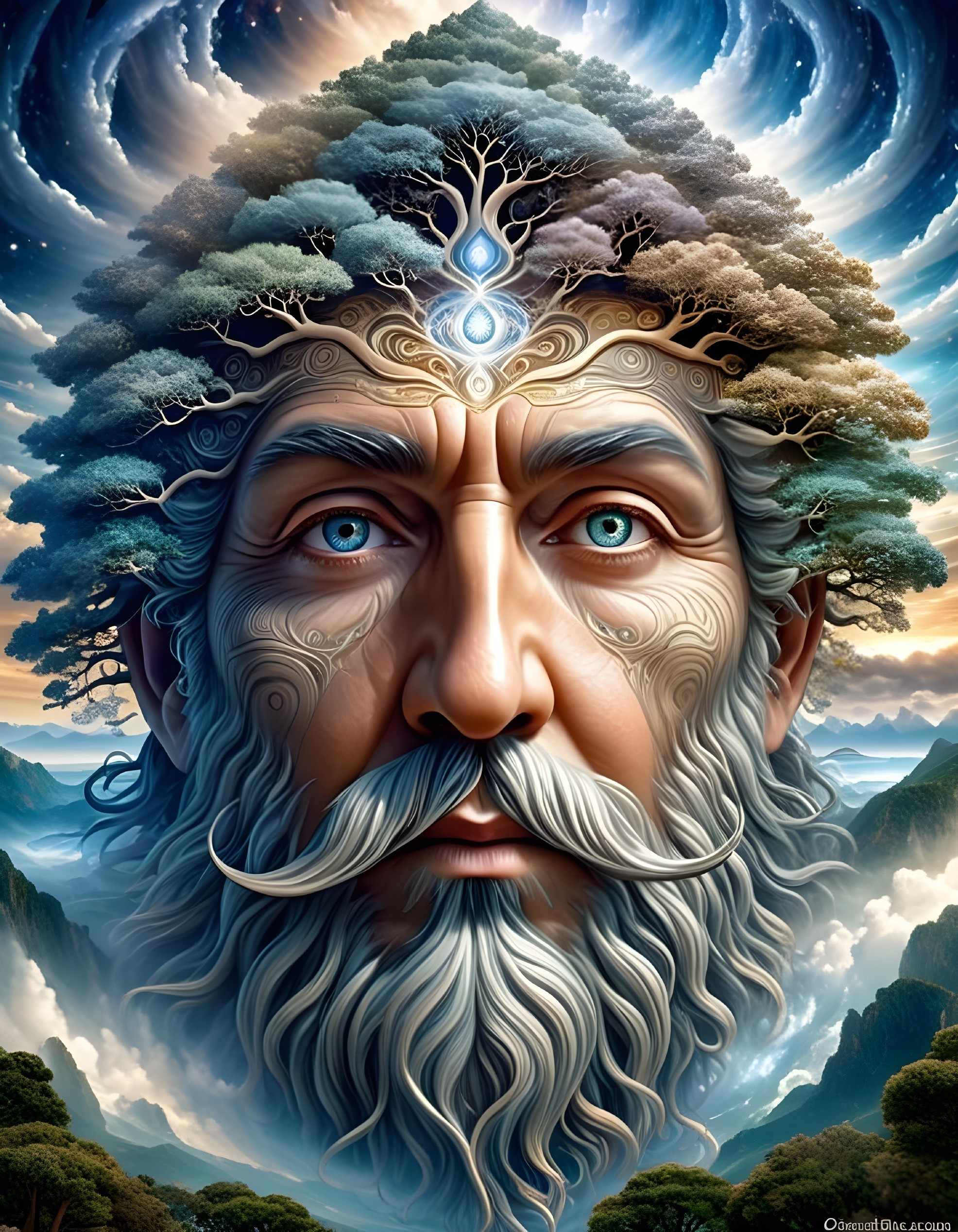 Mystical Figure with Nature-Inspired Features and Emblems