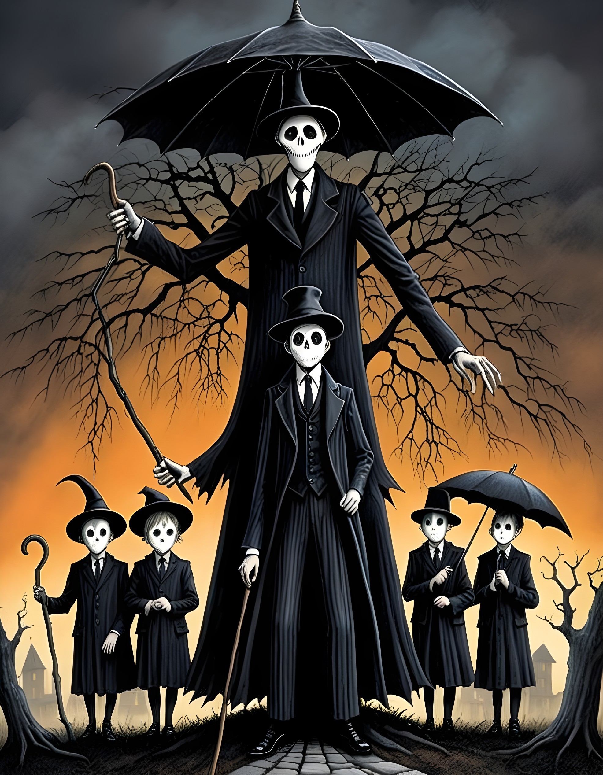 Skeletal Figures in Dark Suits Under Orange Sky