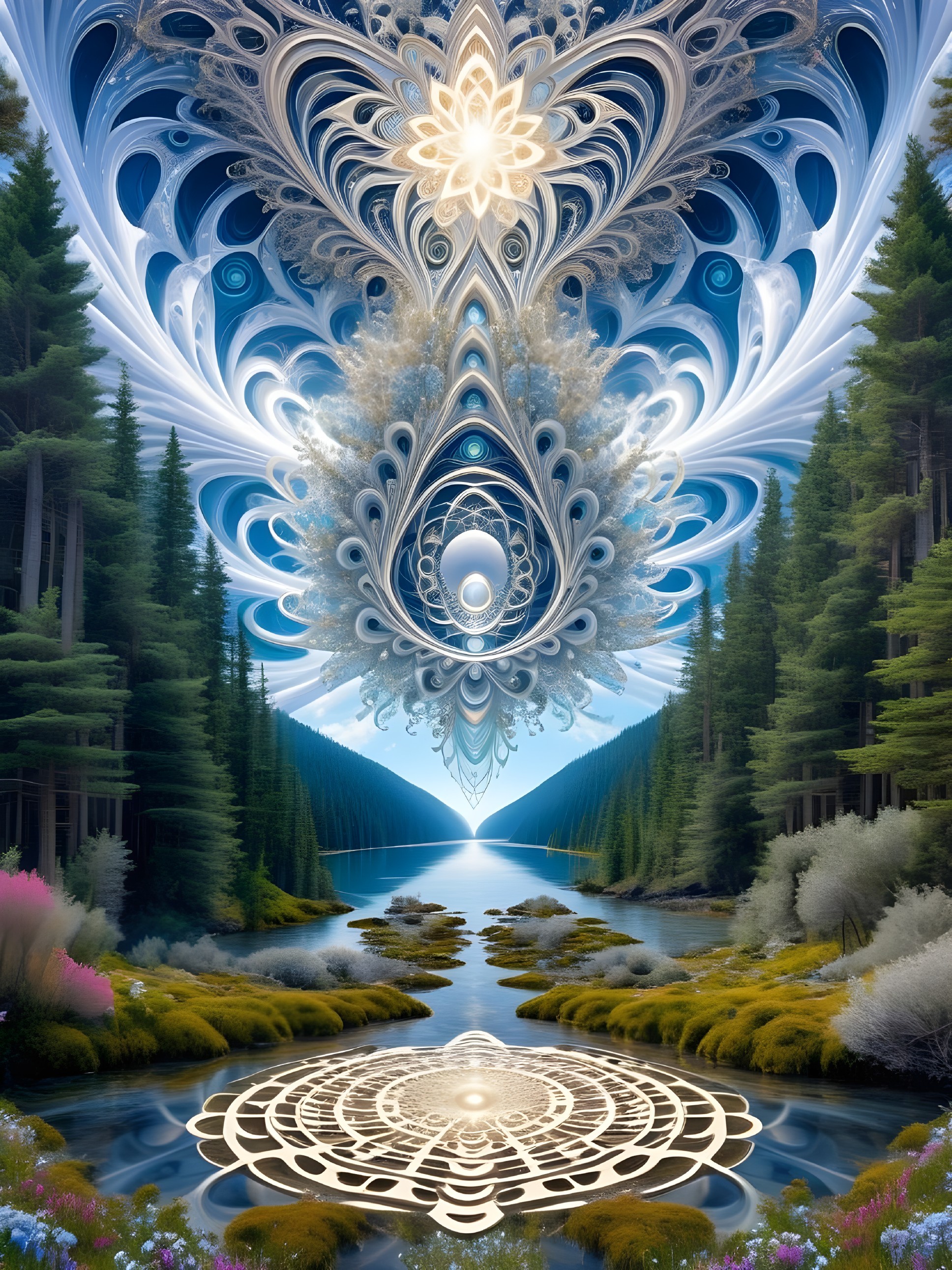 Fractal Patterns in Sky Over Serene River Landscape