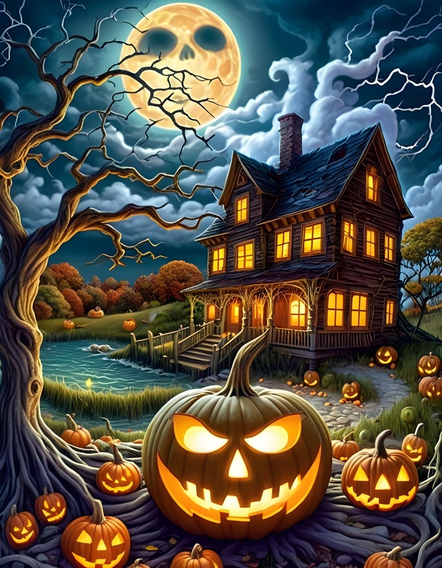 Haunted House Scene with Glowing Windows and Pumpkins