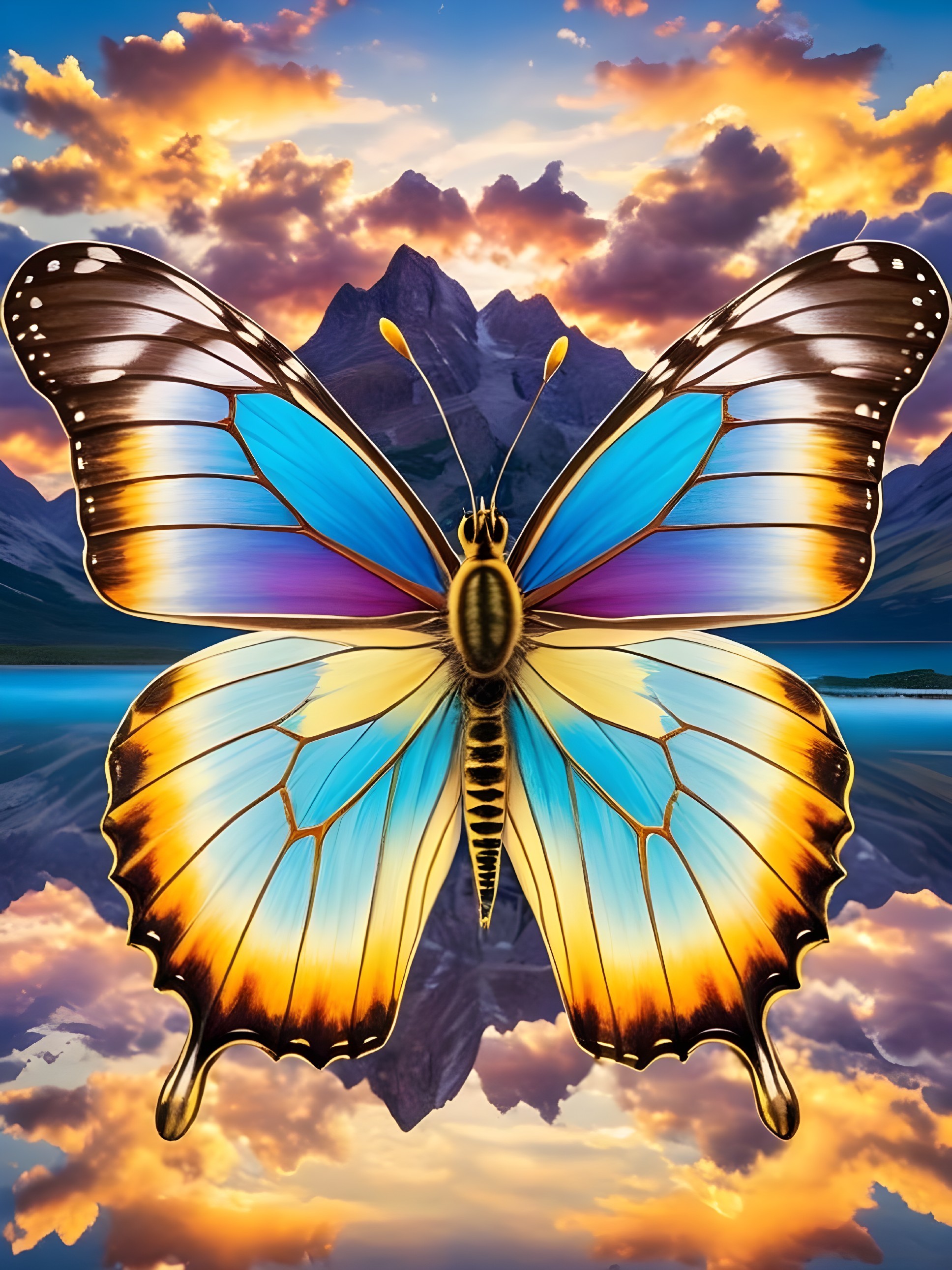 Butterfly with Colorful Wings Against Mountain Sunset