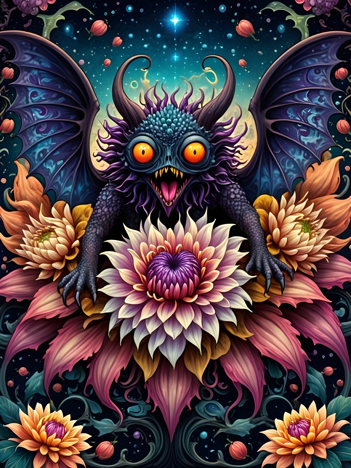 Fantastical creature with vibrant eyes and bat-like wings