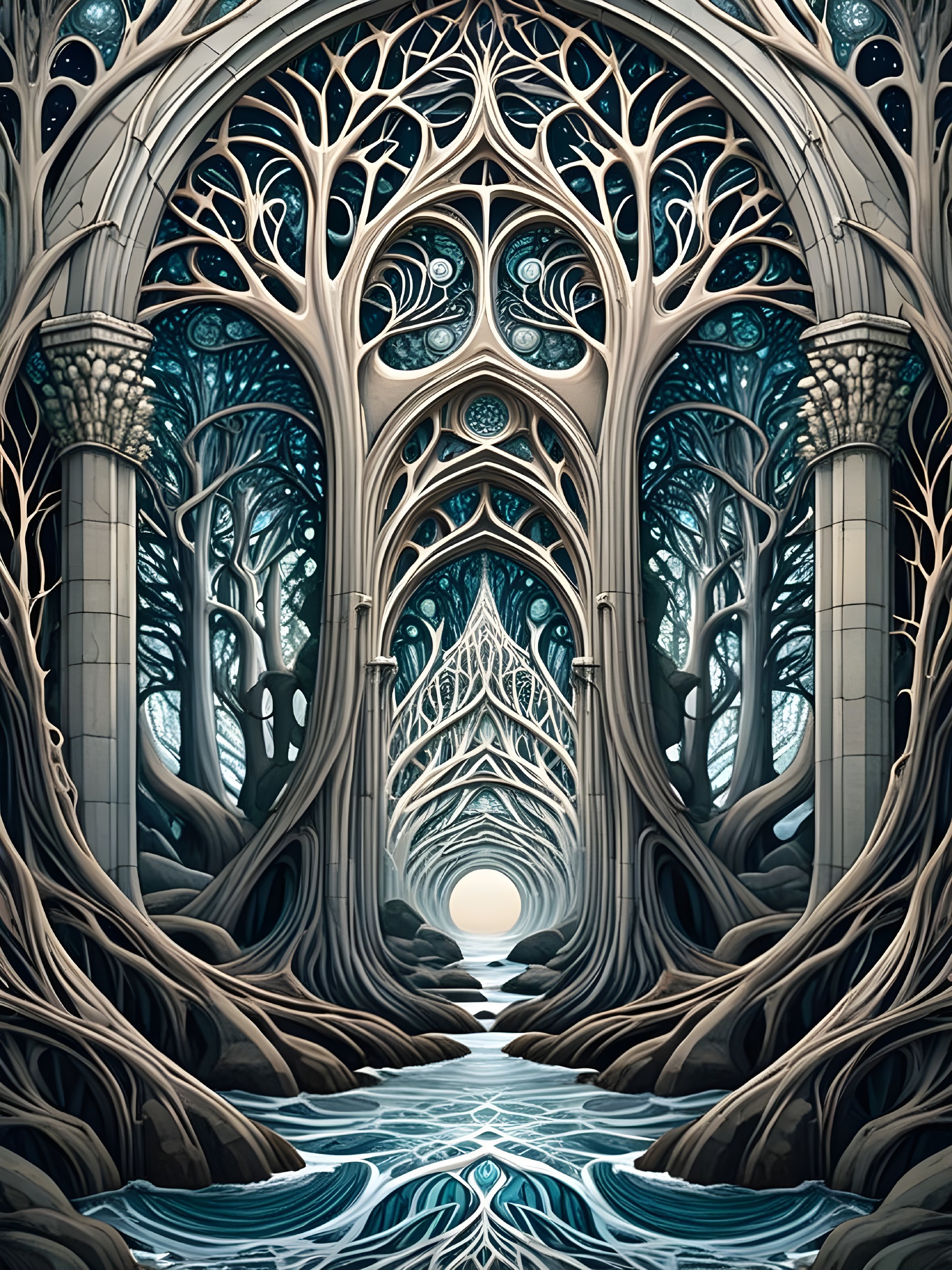 Gothic Forest with Towering Trees and Serene River